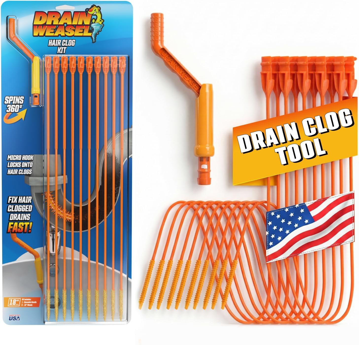 FlexiSnake Drain Weasel Sink Snake Hair Clog Remover Tool Kit, 5 Wands | Pipe, Bathroom, Bathtub Cleaner, 18-inch Long Refills, Flexible, Removable Handle, Made in The USA