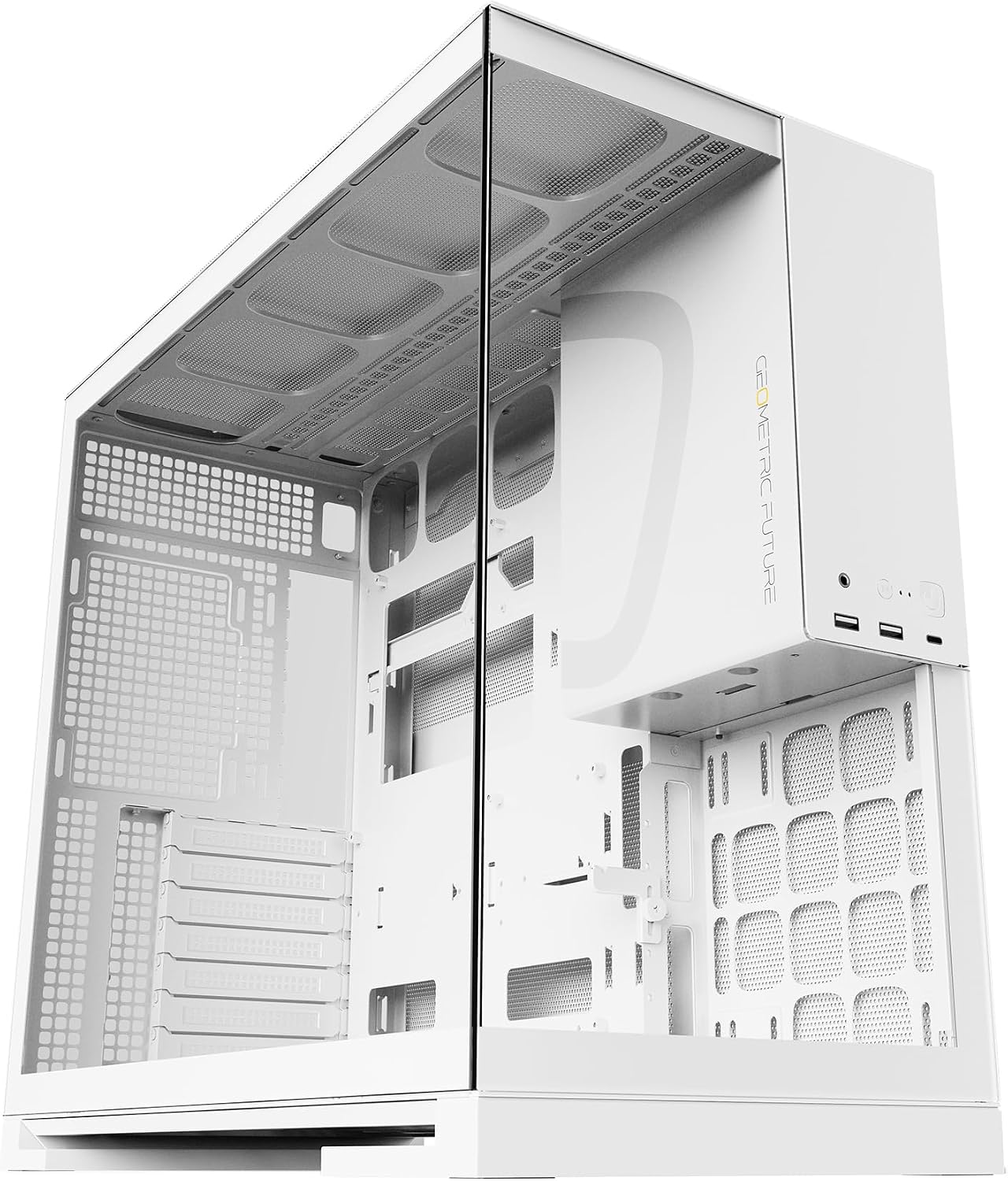 Geometric Future M5 Tempered Glass Mid Tower, E-ATX/ATX Gaming Case, 1.2mm Steel, Type C, Toolless Panels, Support 420/360 Radiator, ARGB PWM 140m Fan x 5 Pre-Installed, Black/Yellow, GEO-M5F-BY