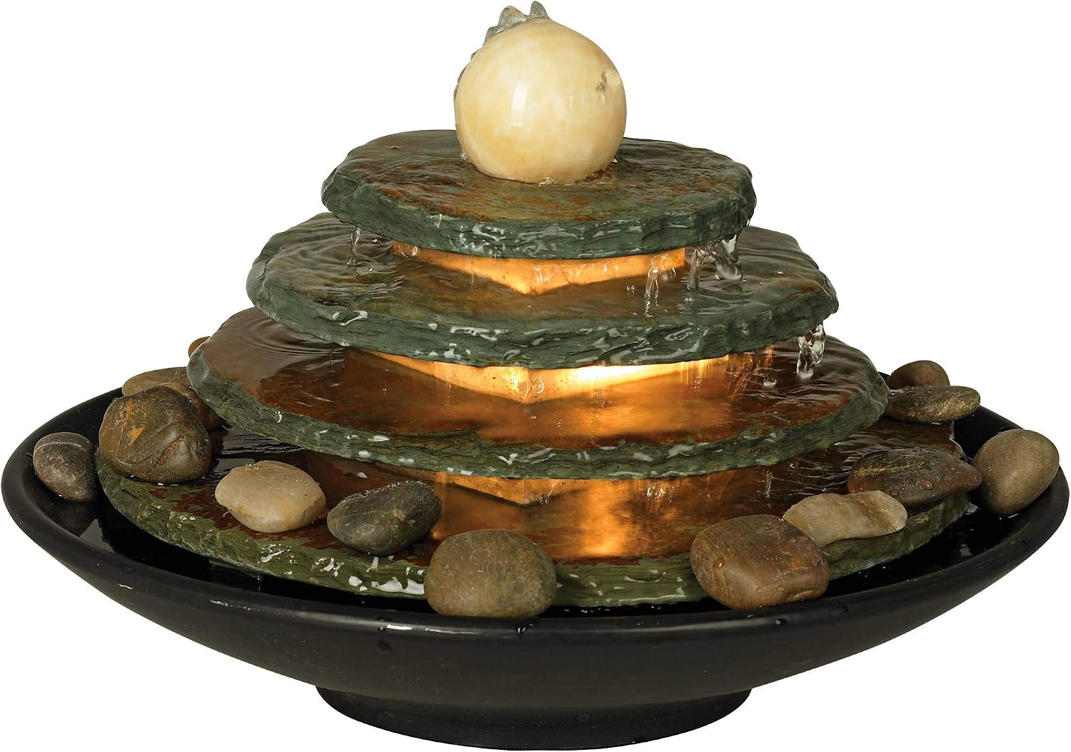 Pyramid 10" High Feng Shui Ball Lighted Table Indoor Small Fountain | Zen Modern Decor Slate Stone Tabletop with Light Waterfall Rock Water Feature for Desk Relaxation Bedroom Living Room