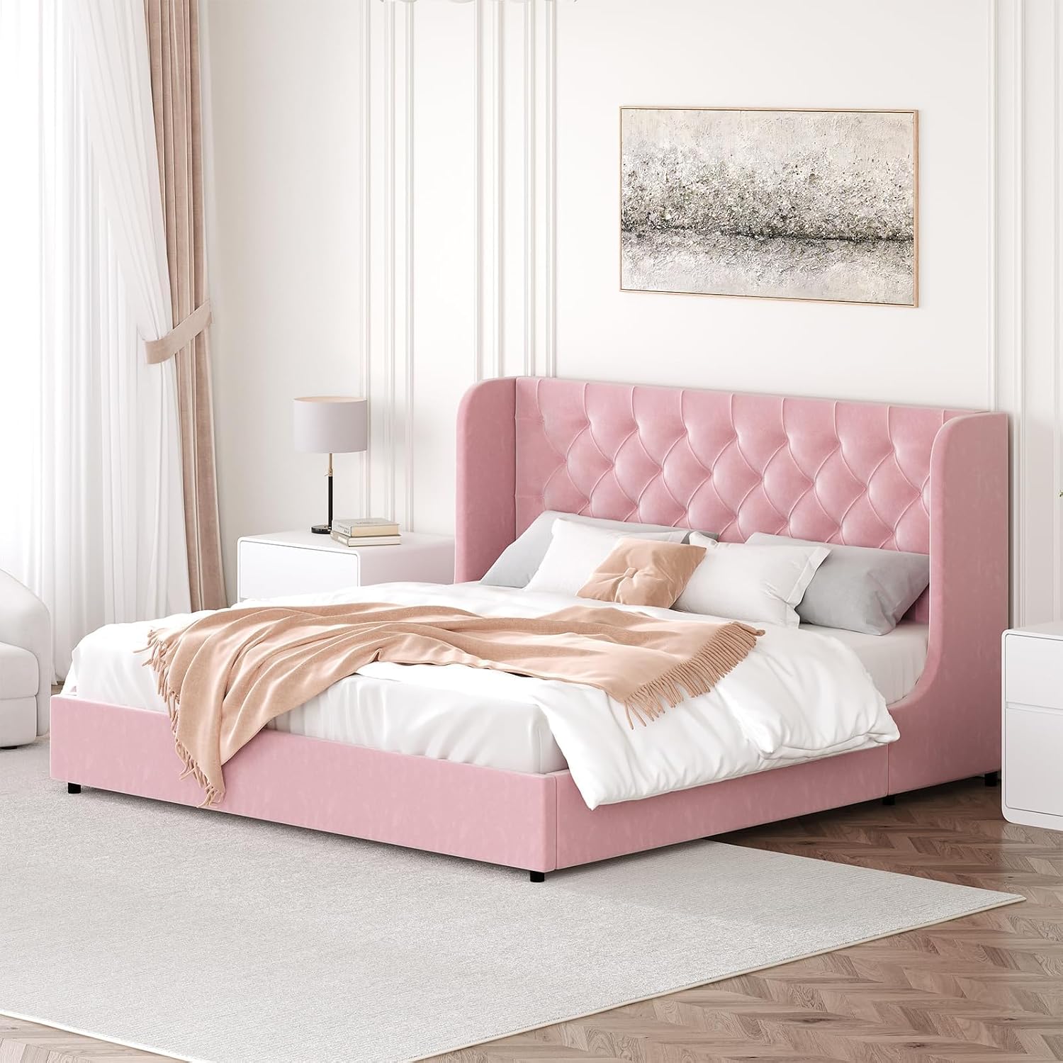 HOMBCK Full Size Bed Frame with Headboard, Upholstered Platform Bed, White | Velvet Tufted Curved Wingback/Wooden Slats Support/No Box Spring Needed/Noise-Free/Easy Assembly