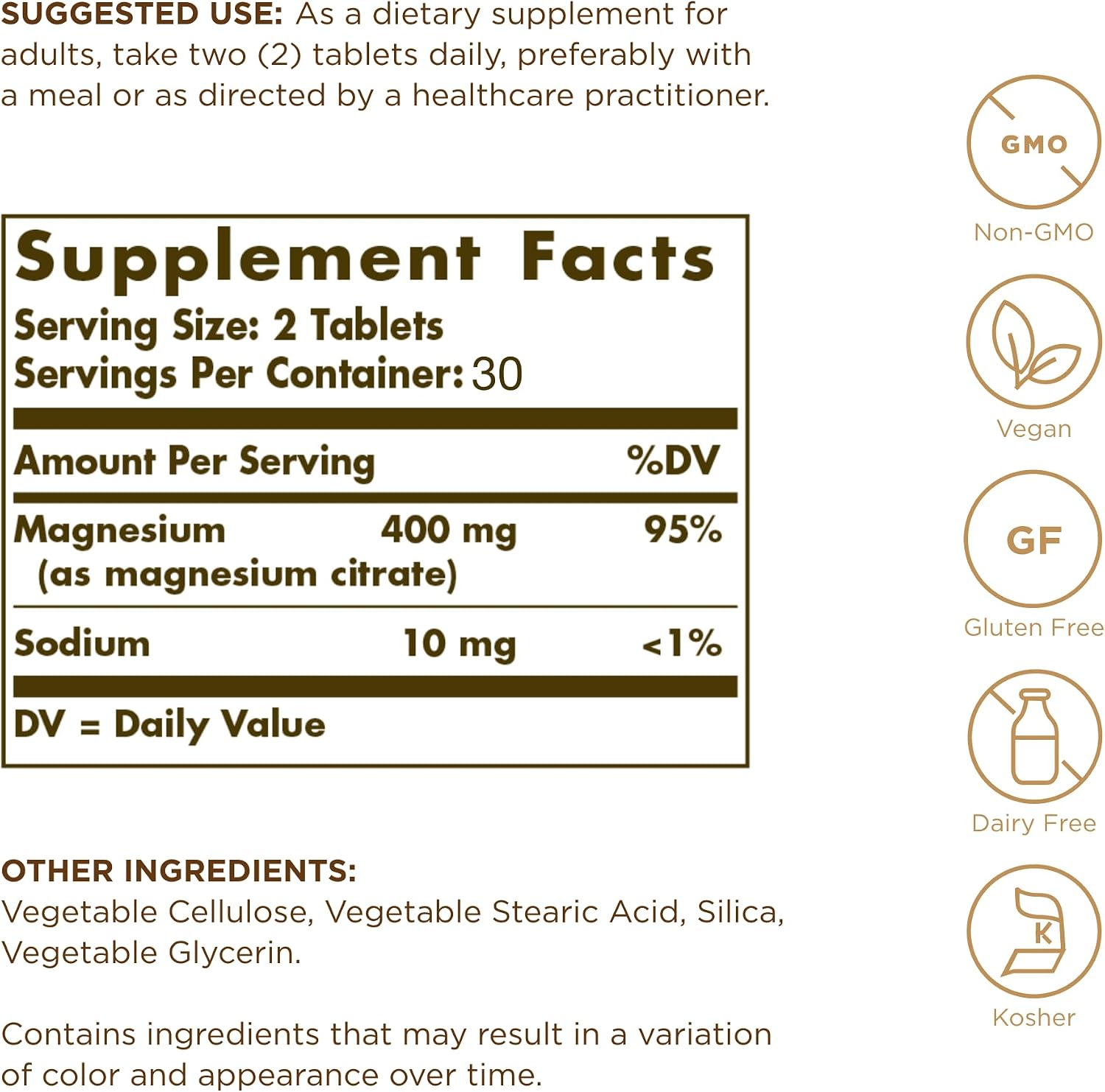 Solgar Magnesium Citrate, 120 Tablets - Promotes Calm, Non-GMO, Gluten Free | Supports Muscle Function and Relaxation, Gluten Free - 120 Tablet Serving