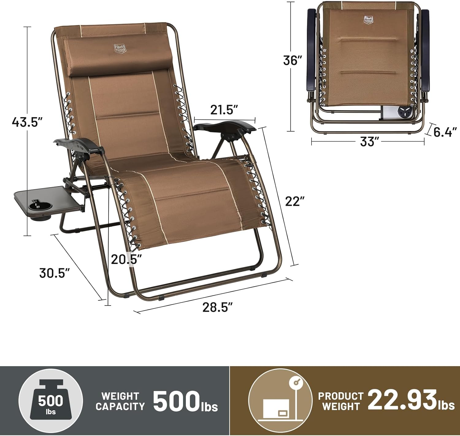 TIMBER RIDGE XXL Oversized Zero Gravity Chair, 33" Wide, 500 lb, Gray