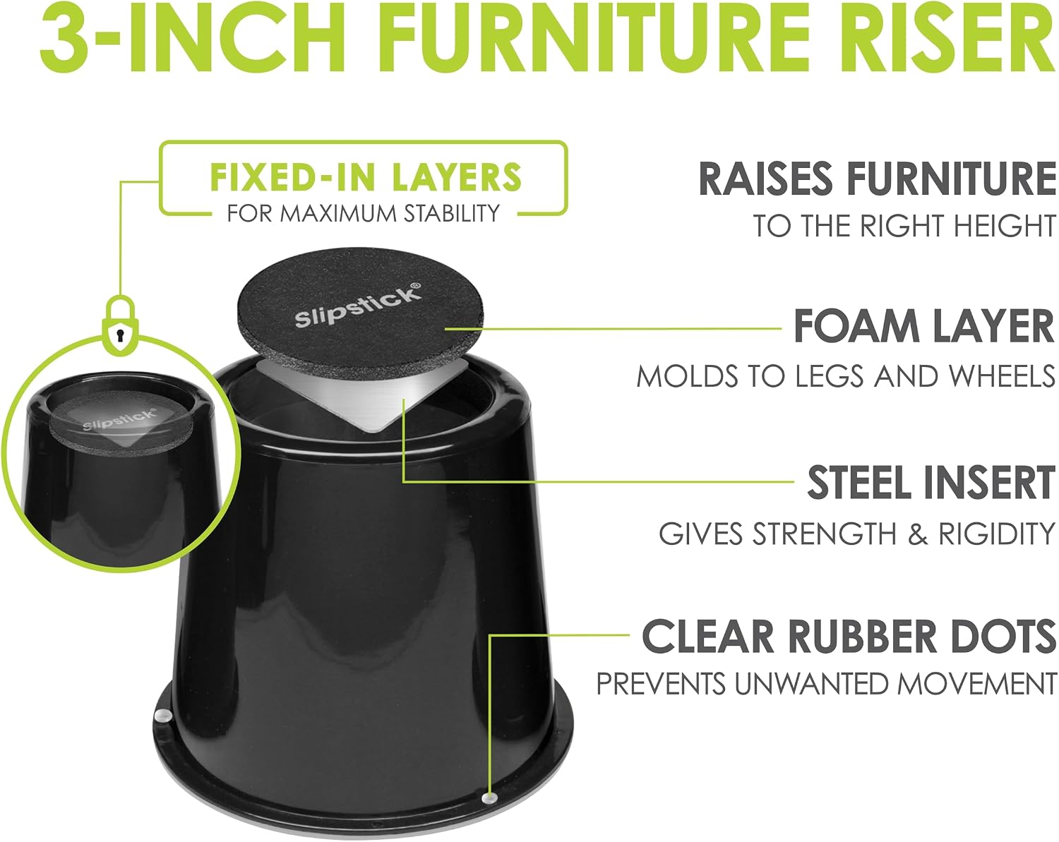 Slipstick CB676 3 Inch Incline Bed Risers for Acid Reflux, Pain