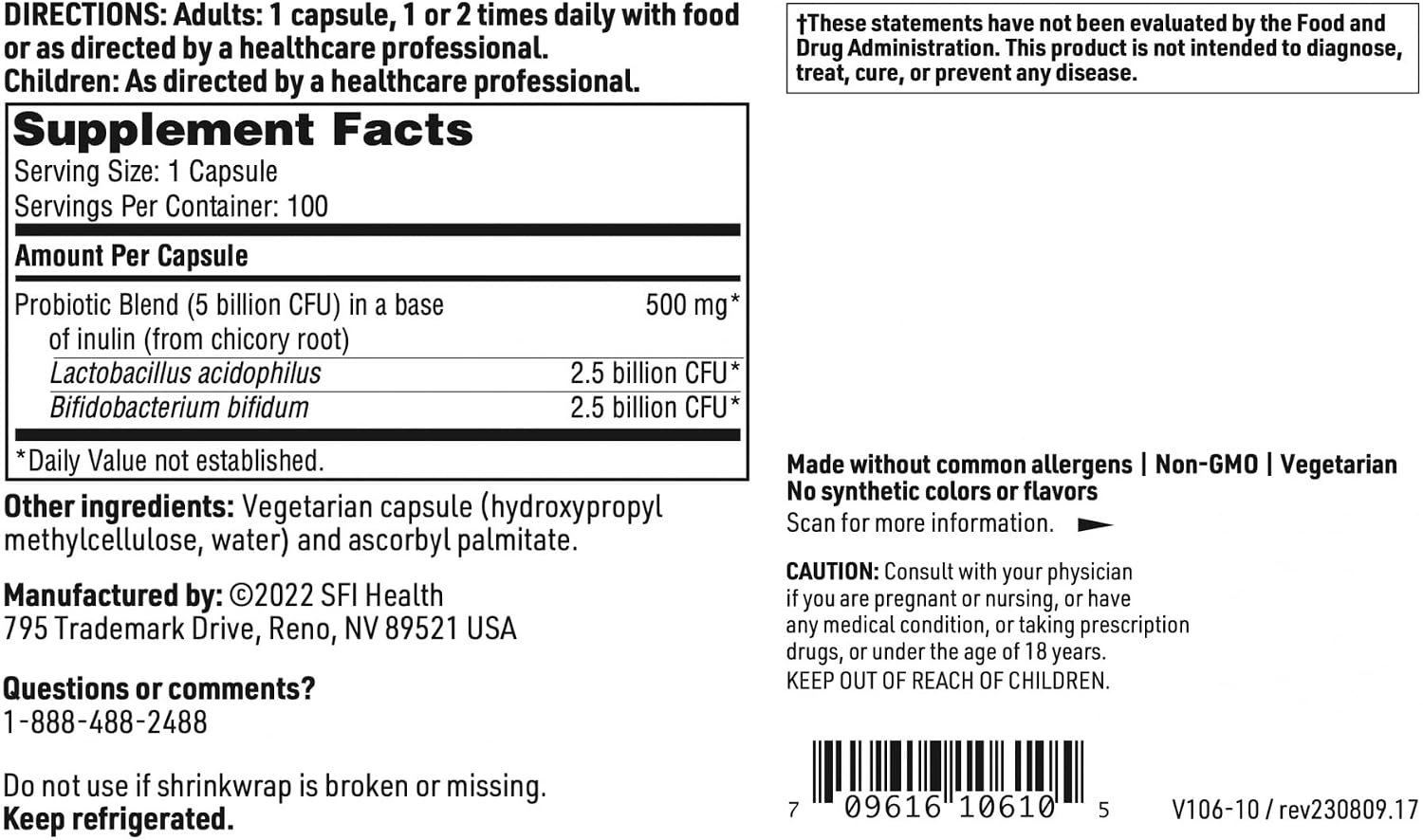 Klaire Labs SFI Health Pro-Biotic Complex, 100 Capsules | Intestinal Support for Men & Women, 5 Billion CFU Lactobacillus acidophilus & Bifidobacterium bifidum Probiotic
