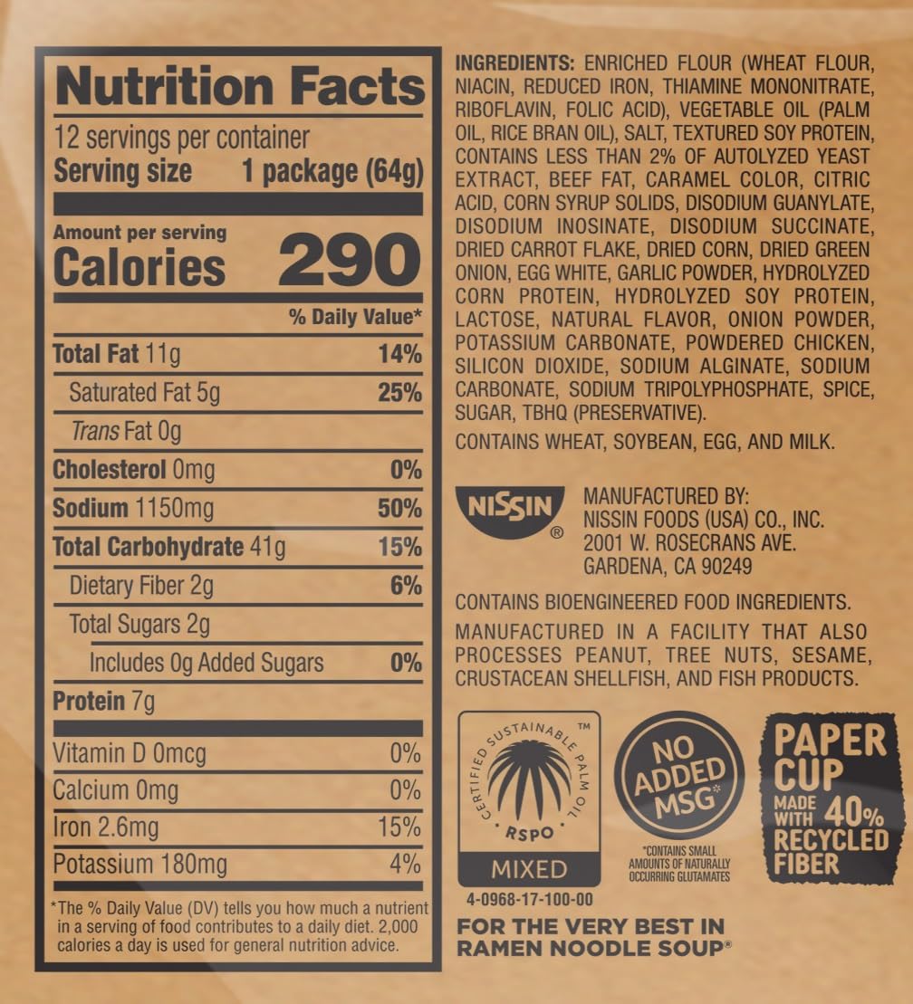 Nissin Cup Noodles Soup, Beef Flavor, Microwaveable Paper Cups, Instant Ramen, 2.25 Ounce (Pack of 12) | Instant Ramen Noodle Soup