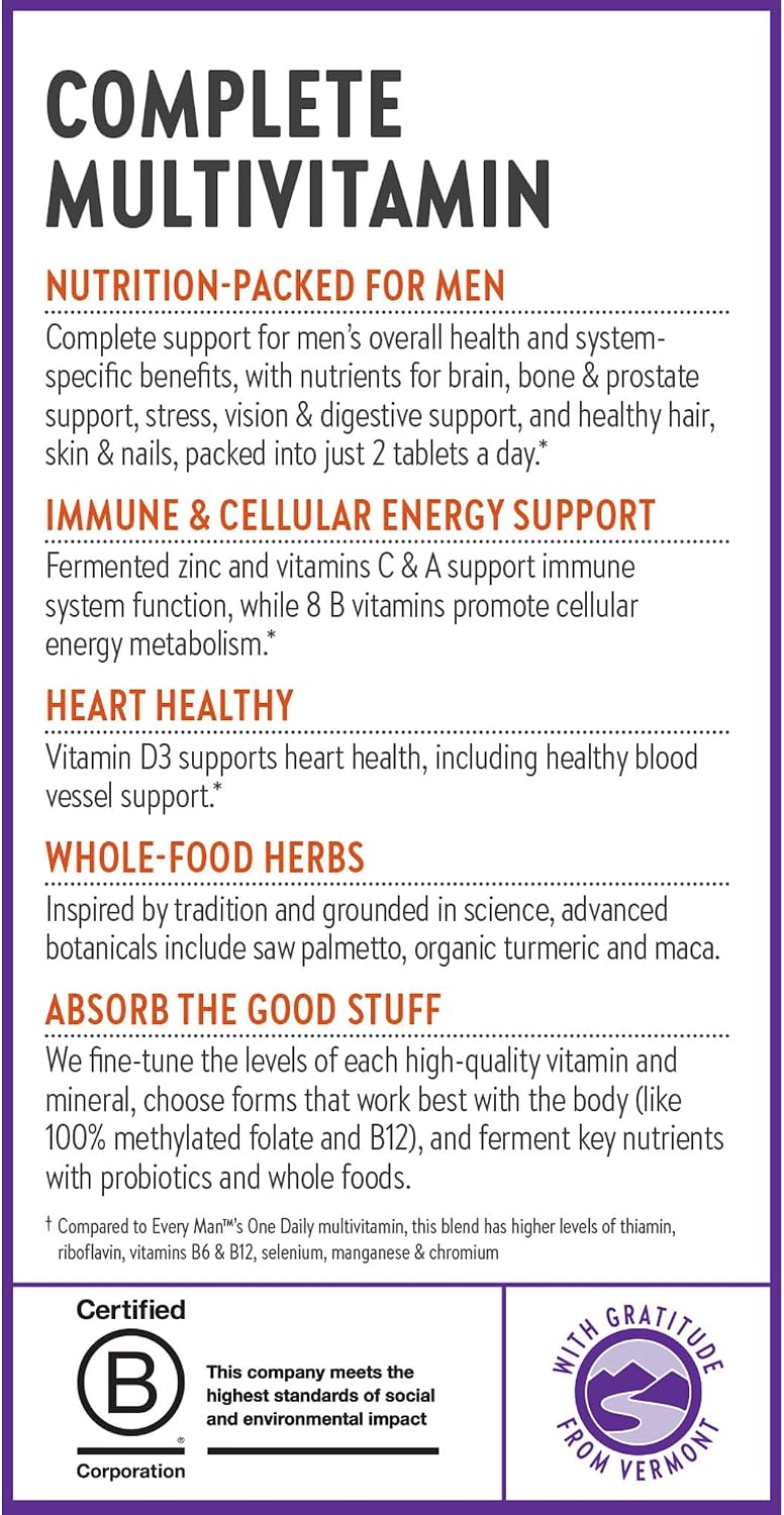 New Chapter Men's Multivitamin Advanced Formula for Stress, Brain, Immune, Heart & Energy Support, Higher Levels of Whole-Food Fermented Essential Nutrients for Men + Selenium + B Vitamins, 120 ct