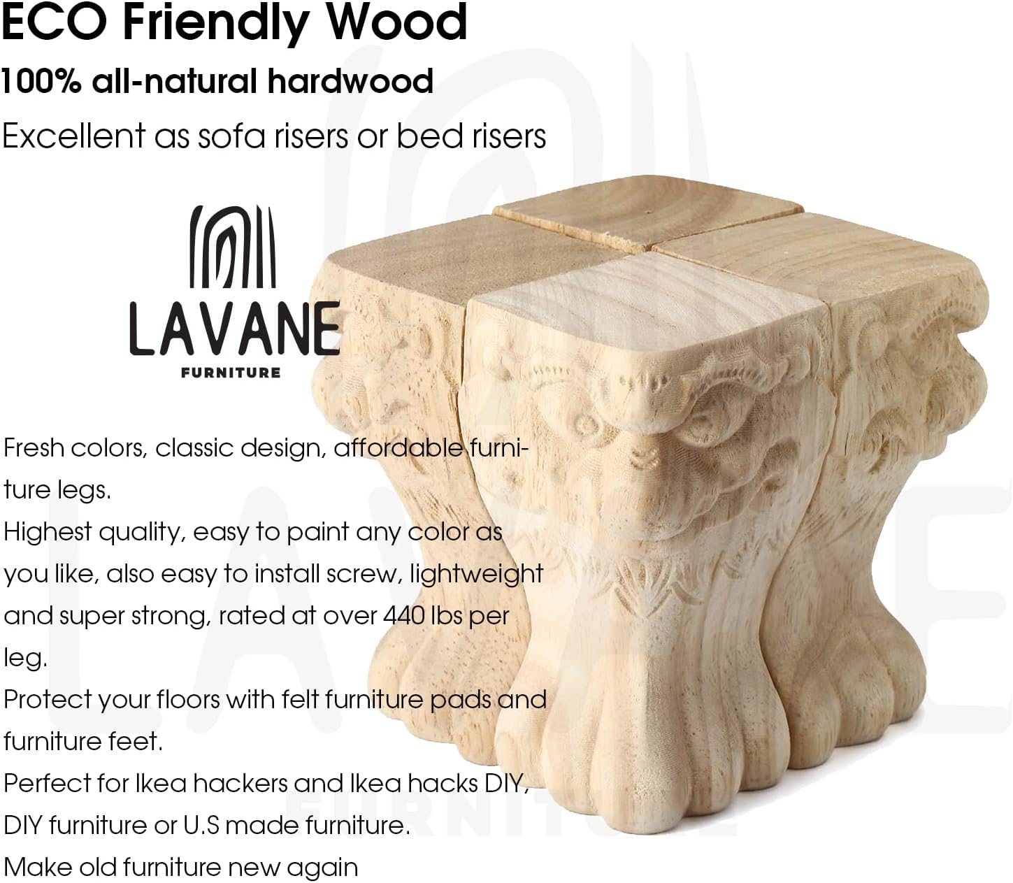 La Vane 6 inch / 15cm Wooden Furniture Legs, Set of 4 European Style Solid Wood Carving Furniture Replacement Feet Decoration for Sofa Cabinet Wardrobe Table Loveseat