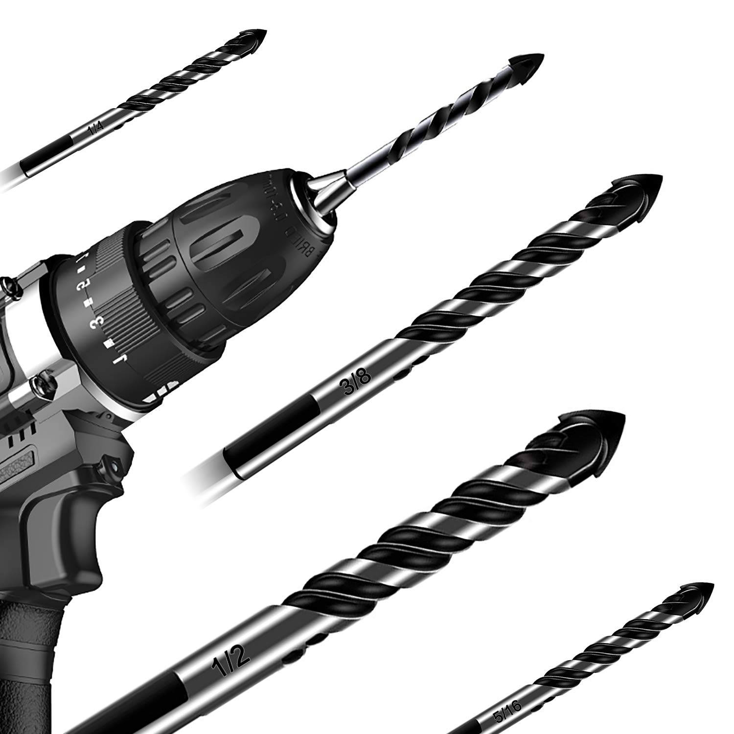 10-Piece Masonry Drill Bit Set for Concrete Tile Glass Ceramic Brick, 1/8 to 1/2 Inch Drilling Bits with Triangle Handle