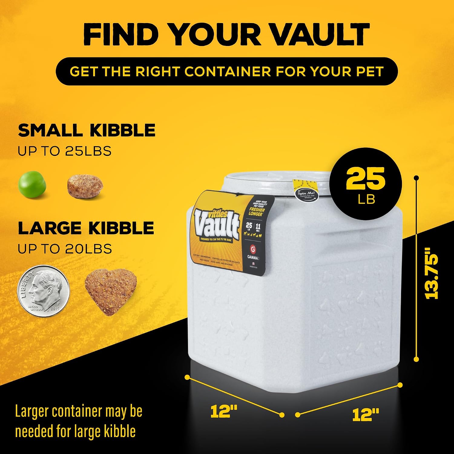 Gamma2 Vittles Vault Pet Food Storage Containers - Sealed Dog and Cat Food Storage Container, Fits up to 25lbs, Made in the USA - [12"L x 13.75"H] | Made in USA, 12 inch long by 13.75 inch tall, airtight lid keeps kibble fresh and pests out, a durable pa…
