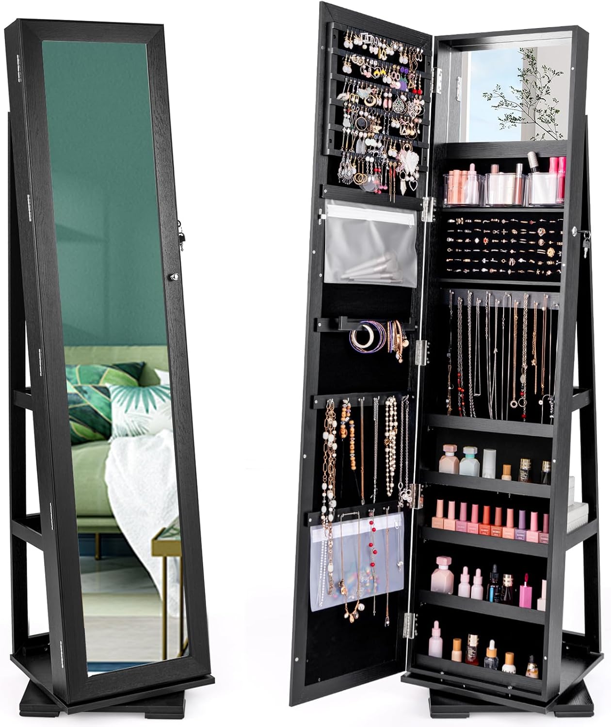 CHARMAID 360° Swivel Jewelry Armoire with Higher Full Length Mirror, Standing Lockable Jewelry Cabinet Organizer with Large Storage Capacity