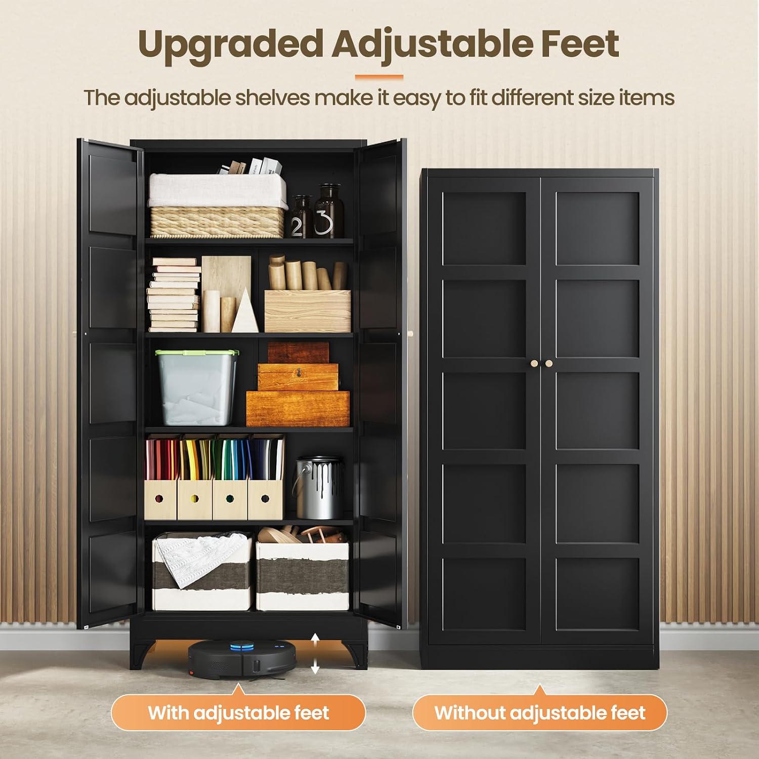 Metal Storage Cabinet with 2 Doors and 4 Adjustable Shelves - 61" White Kitchen Pantry Storage 5-Tier Tall Steel Cabinets Locker for Kitchen, Living Room, Dining Room
