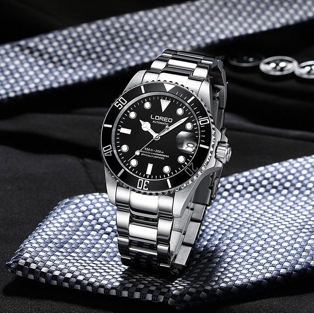 LOREO Men's Automatic Watch Sapphire Crystals 200M Waterproof | Rotating Bezel Luminous Markers and Hands Date 316L Stainless Steel Case and Bracelet Waterproof Watch