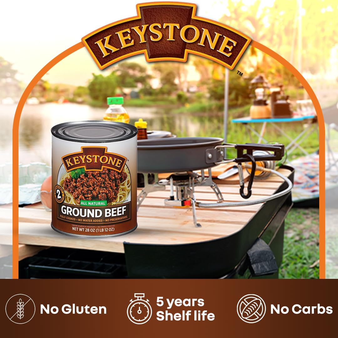 Keystone Meats All Natural Heat and Serve Ground Beef 14 oz – Fully Cooked Canned Meat – Ready to Eat – 5-Year Shelf Life – Pantry Staple for Everyday Meals, Emergency Survival Canned Food – Made in USA – Pack of 3