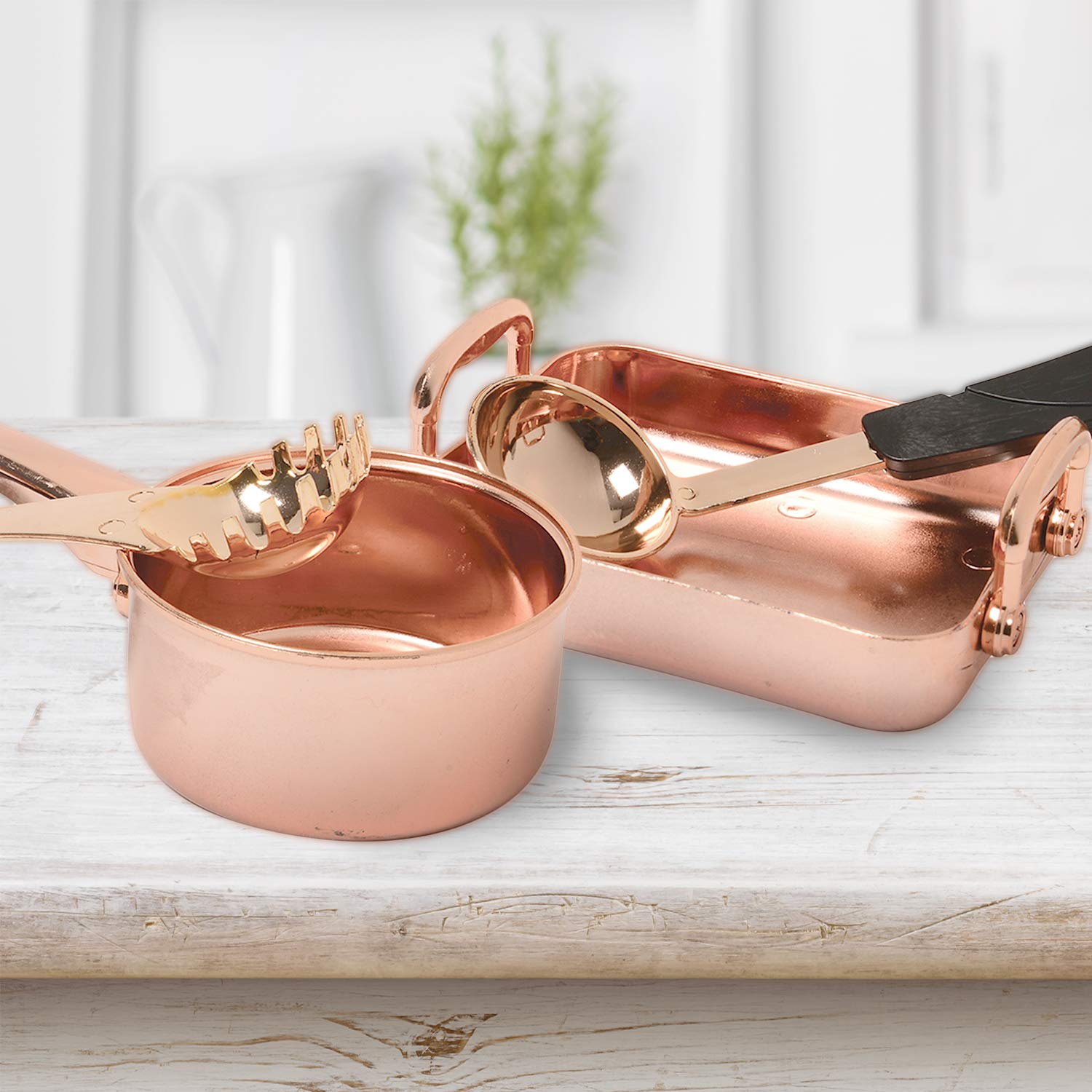 13 Piece Plastic Copper Look Cookware Set for Pretend Kitchen Play for Ages 3 Years and Up