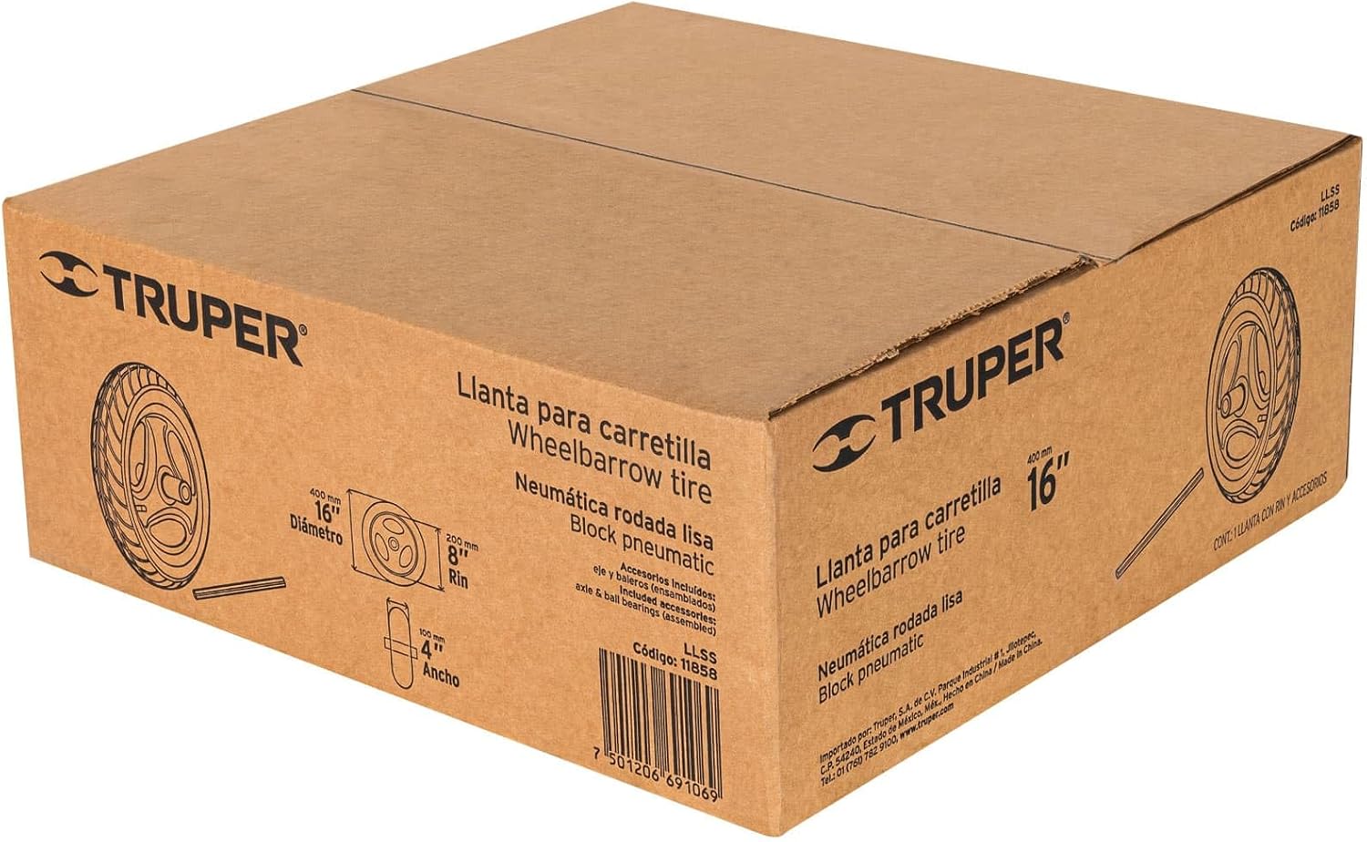 Truper 16"x 4" Lightweight Wheelbarrow Replacement Tire Assembly | Heavy-Duty Pneumatic Wheel with Reinforced Rim, Axle