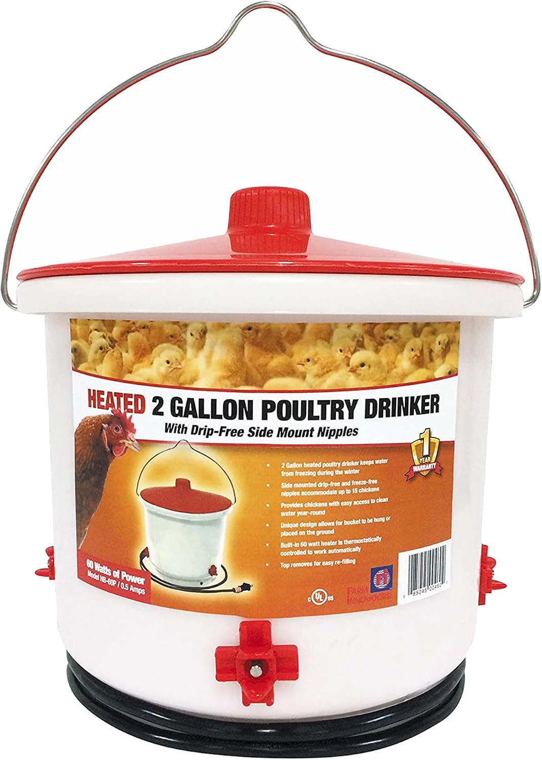 Farm Innovators HB-60P Thermostatically Controlled Heated 2 Gallon Plastic Outdoor Year Round Poultry Chicken Water Bucket Drinker, White/Red | Thermostatically controlled to keep water from freezing, side mounted drip-free/freeze-free nipples for up to…