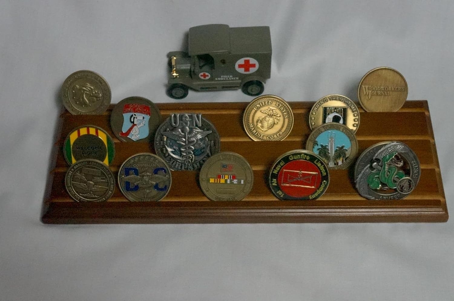 DisplayGifts Challenge Coin Display Stand 4 Row Wooden Holder Rack Case Holds 28 Coins Walnut Finish