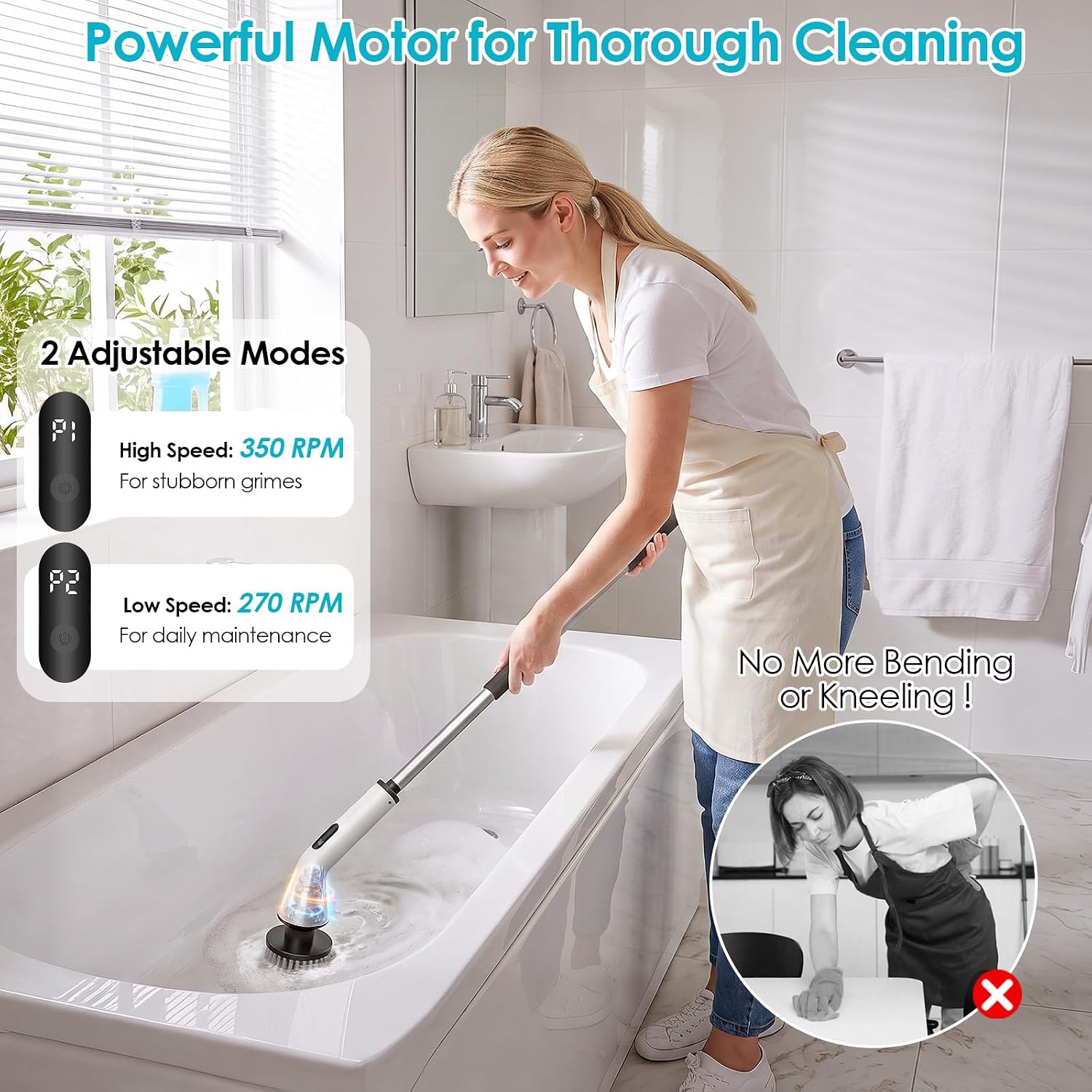 Electric Spin Scrubber for Bathroom, Power Cleaning Brush with 7 Replaceable Brush Heads, Adjustable Long Handle