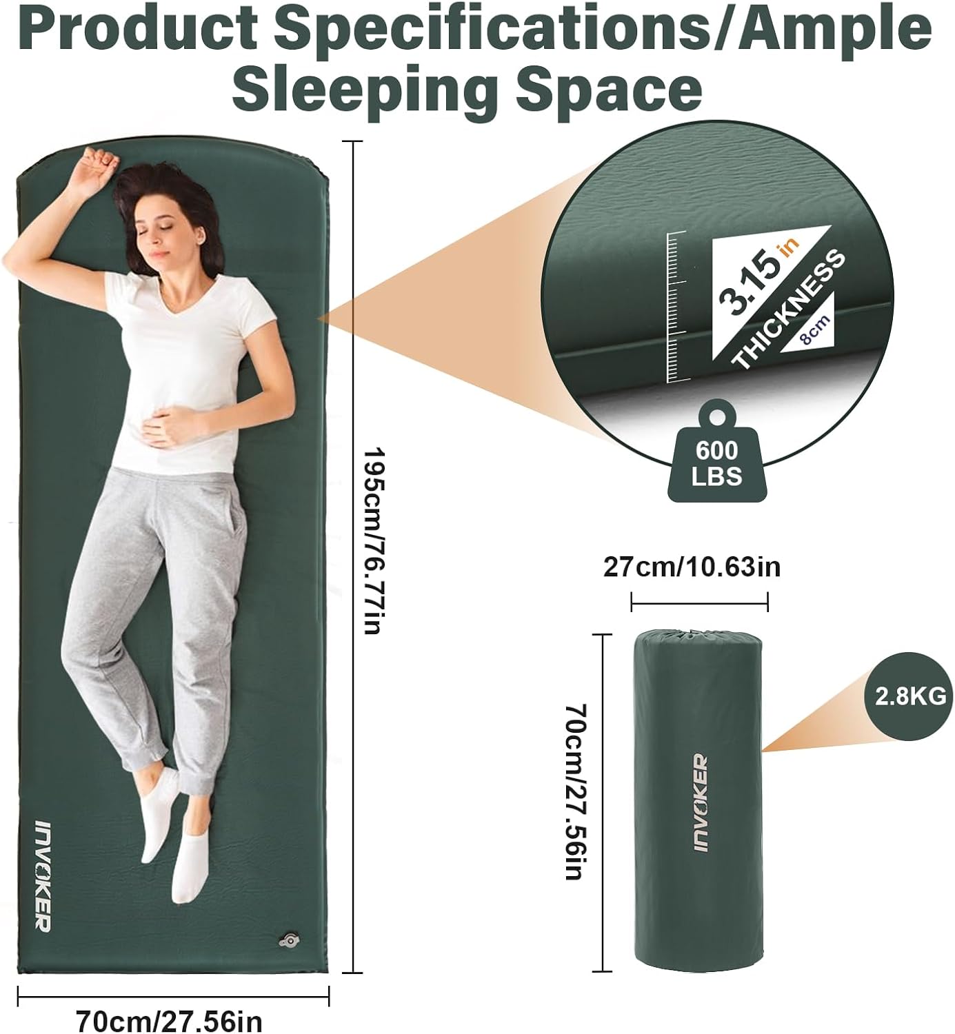 INVOKER Camping Sleeping Pad, Self-Inflating, 75 x 24 x 3.15 in, Green