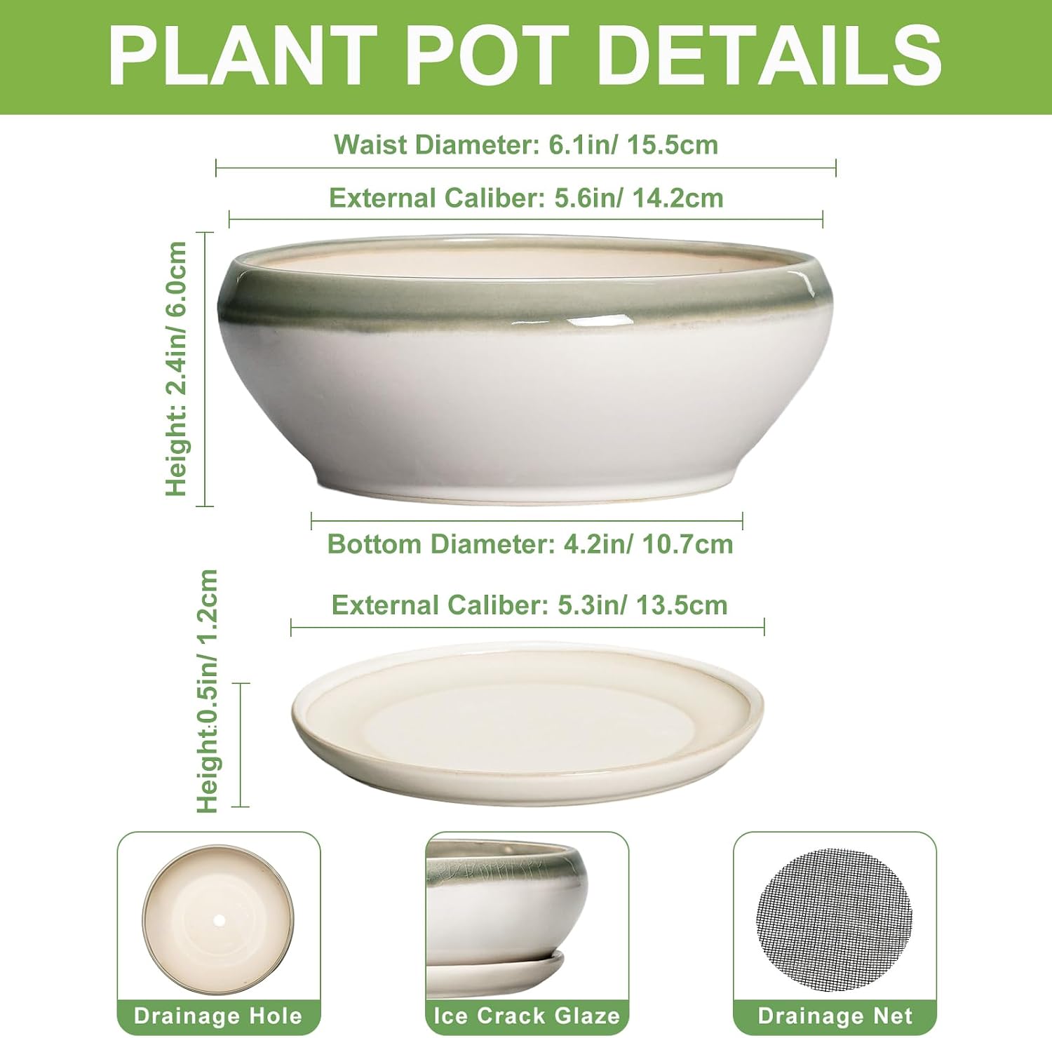 SQOWL 7 Inch Round Ceramic Succulent Planter Pot Drip Glazed Shallow Planter with Drainage Bamboo Tray for Indoor Plants