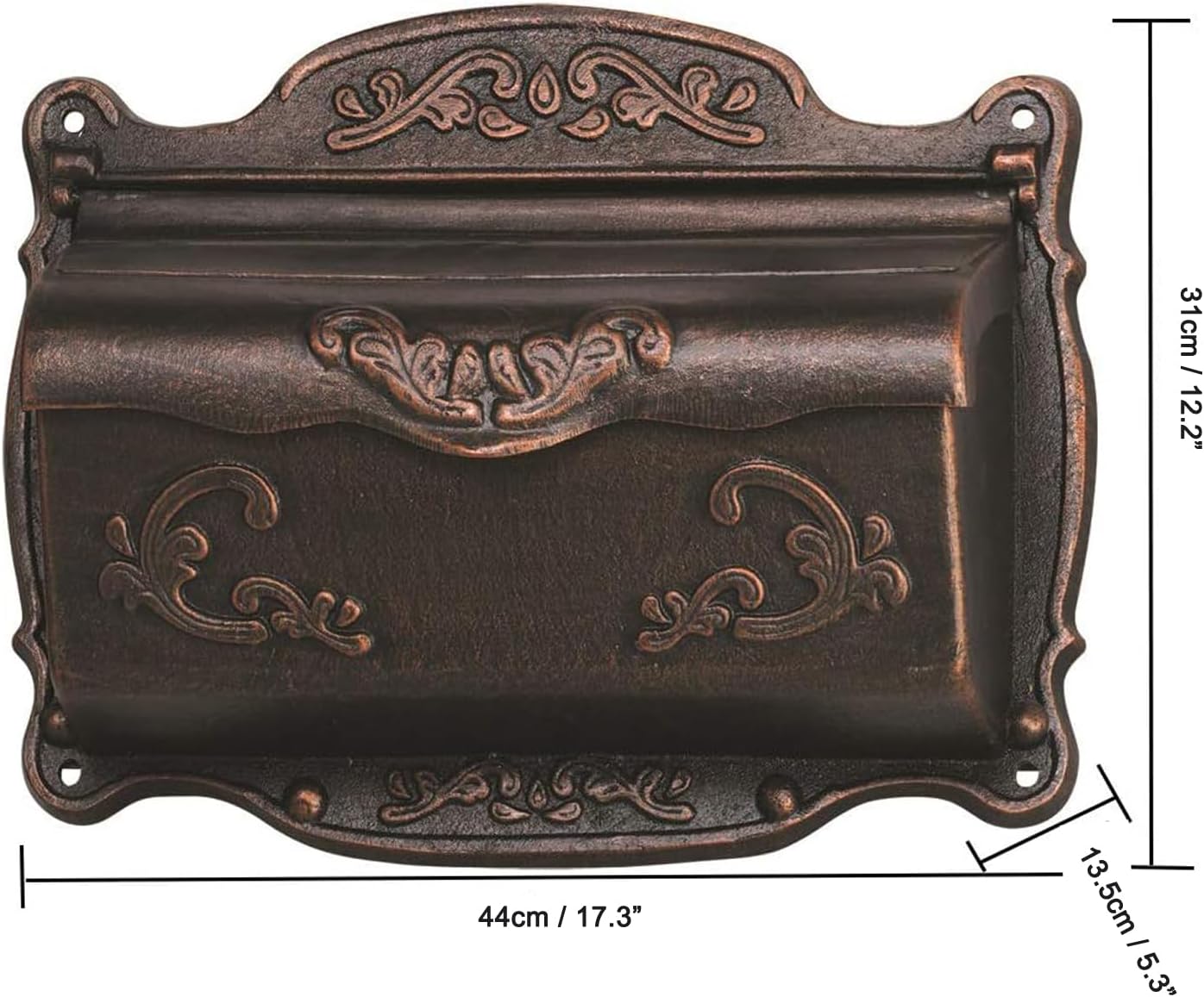 Antique Bronze Finishing Cast Aluminum Wall Mounted Mailbox, Weather-Resistant, Elegant Vintage Design. Size: 17.5" D x 5.3" W x 12.25" H. Includes 4 Pieces Finish Mounting Screws