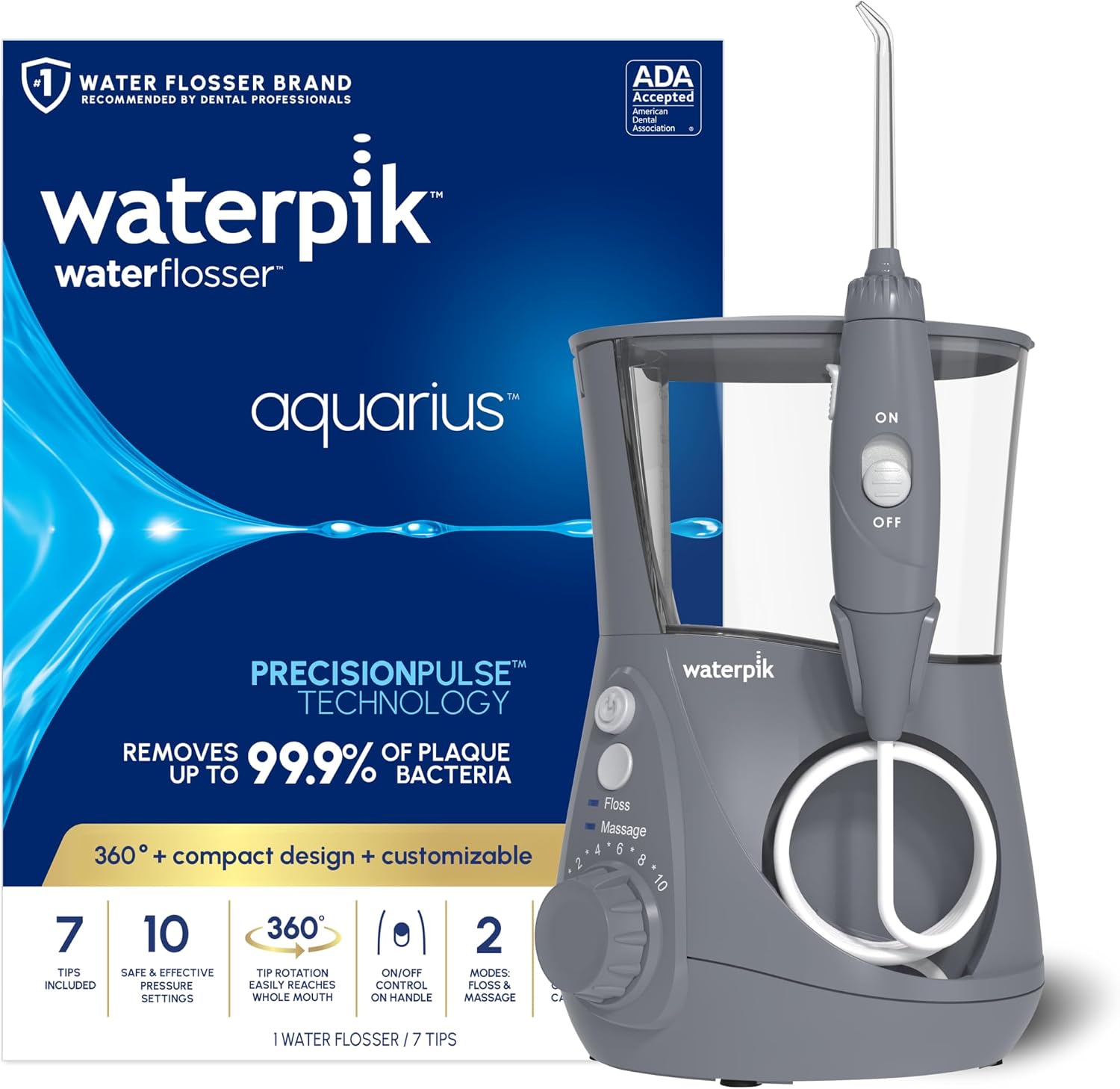 Waterpik Aquarius Countertop Water Flosser with 10 Settings, 7 Tips, White | For Daily Home Gum Health, Dental Braces, Implants, Teeth Cleaning, Multiple Users, ADA Accepted WP-660 Packaging May Vary
