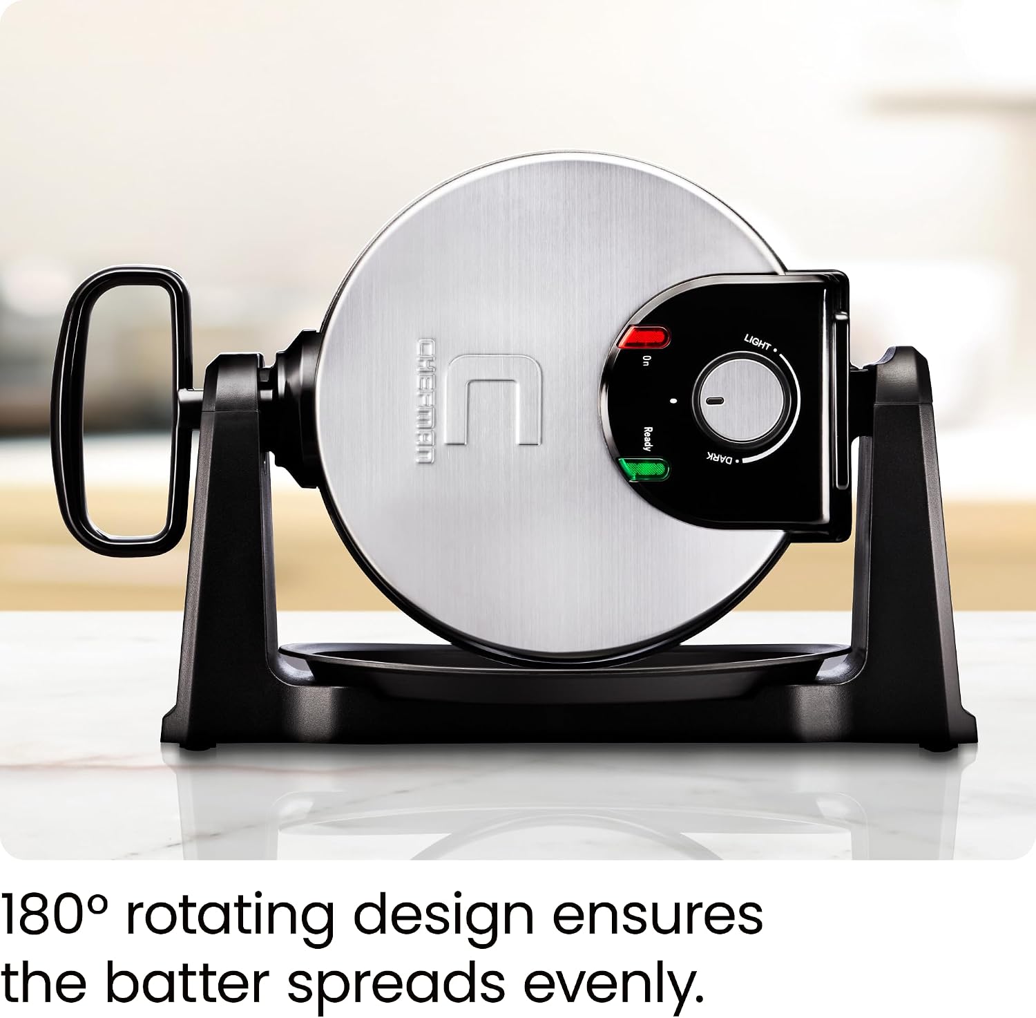 Chefman Rotating Belgian Waffle Maker, 180° Flip Iron w/ Non-Stick Plates, Adjustable Timer, Locking Lid, & Drip Plate, Space Saving Storage, Mess-Free Breakfast, Stainless Steel/Black