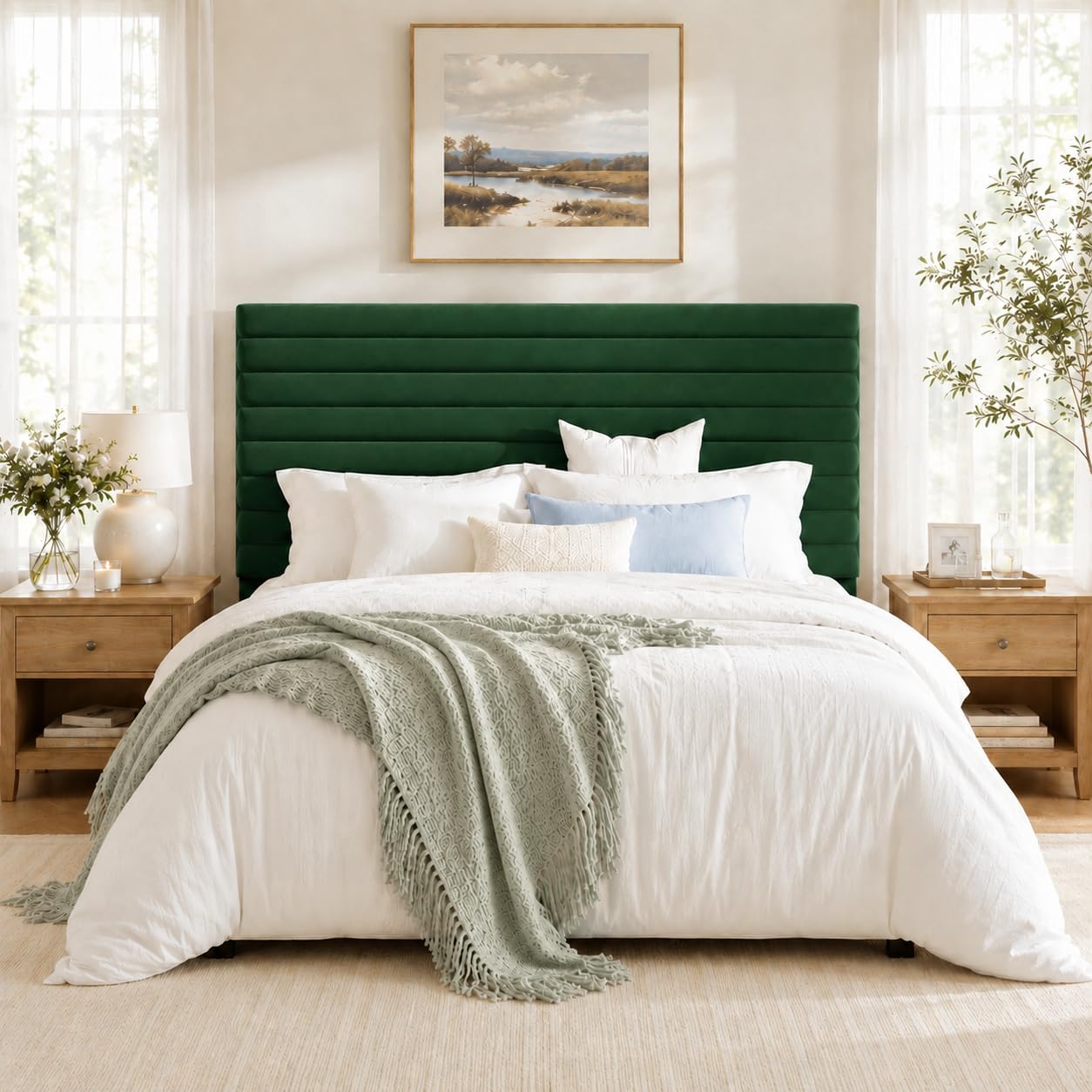 Allewie Queen Bed Frame, Velvet Upholstered Platform Bed with Adjustable Headboard, Horizontal Channel Design, Wood Slat Support, No Box Spring Needed, Noise Free, Easy Assembly, White