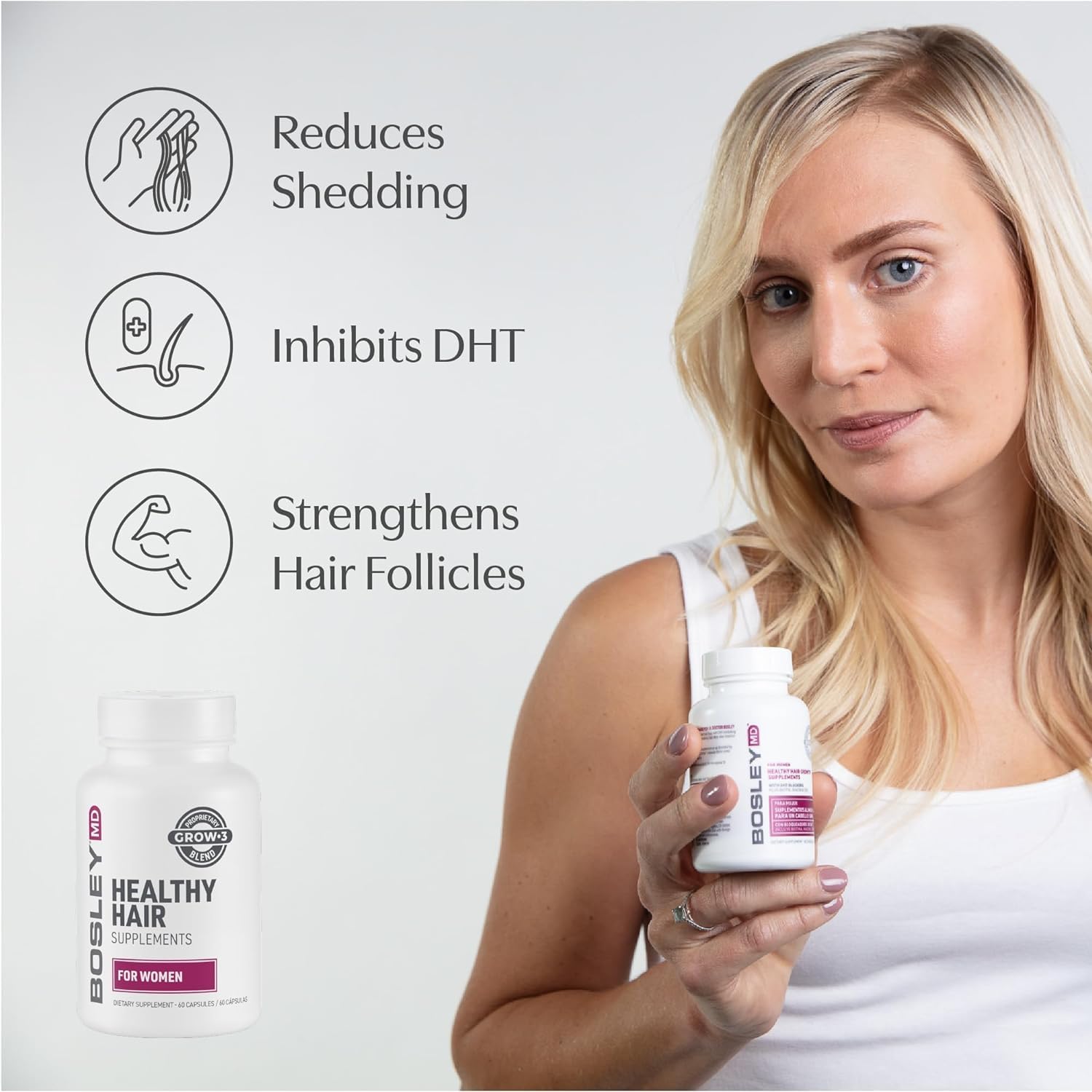 BosleyMD Women’s Healthy Hair Growth Supplements for Thicker, Fuller Hair– DHT-Blocking Botanicals with Biotin, Niacin, Zinc & L-Lysine – Rich in Vitamins & Minerals – 60 Capsules (2-Month Supply)