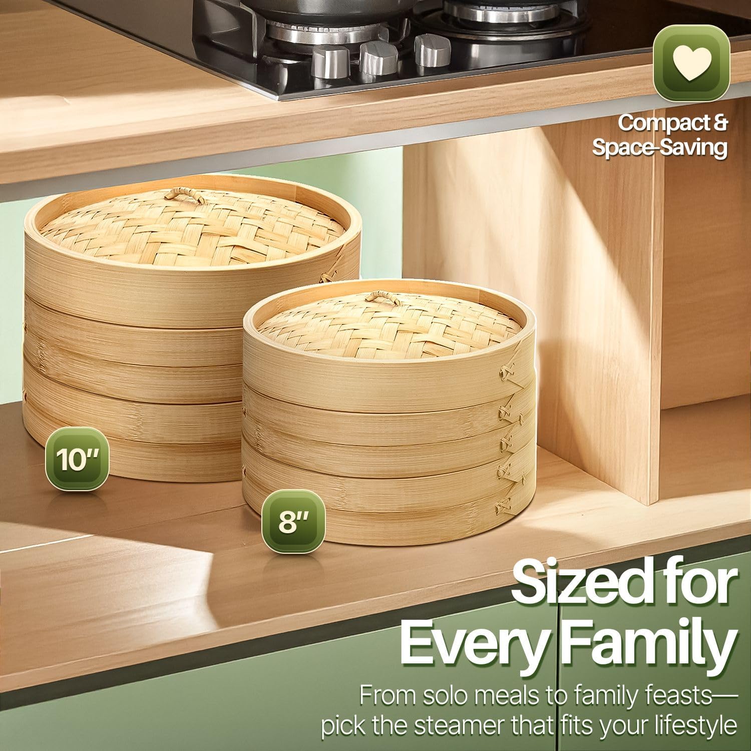 Flexzion Bamboo Steamer Basket Set (8 inch), 50 x Steamer Liners and 2 Pairs of Chopsticks, Steam Baskets for DimSum Dumplings, Rice, Vegetables