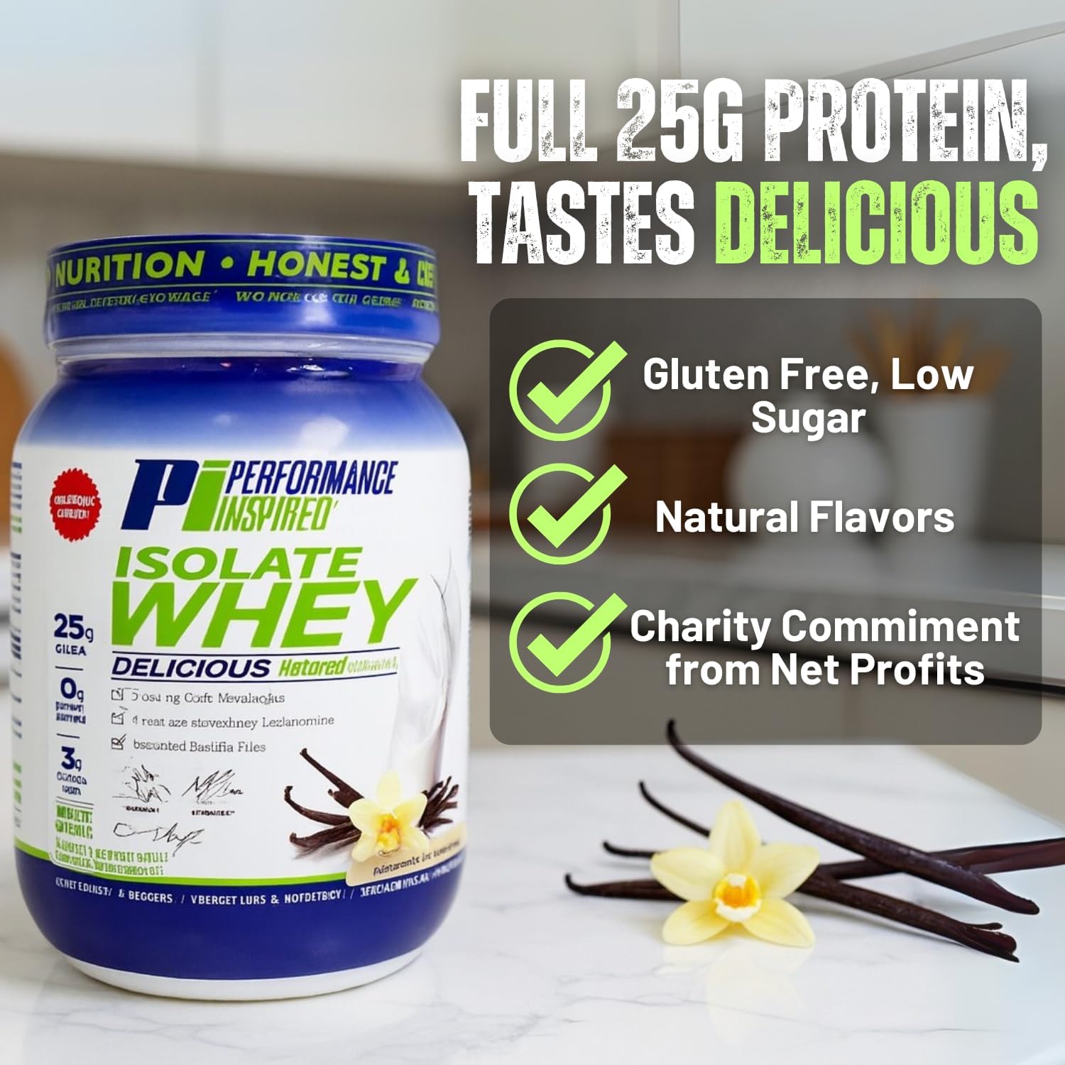 PERFORMANCE INSPIRED Isolate Whey Protein Powder – Vanilla – 25G – 2lb | All Natural - Fast Absorbing - Added L-Glutamine - Contains BCAAs