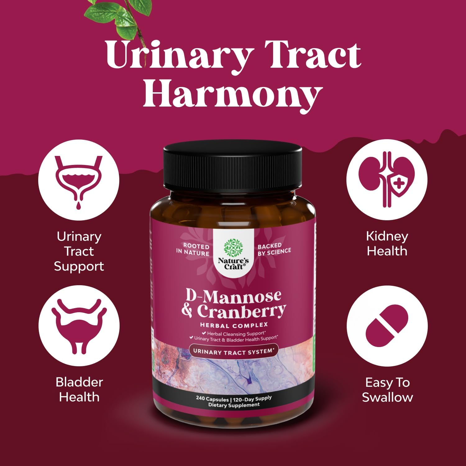 D Mannose with Cranberry Supplement - Potent D Mannose 1000mg Capsules for Kidney Defense Support & Cleanse and Urinary Tract Health for Women & Men