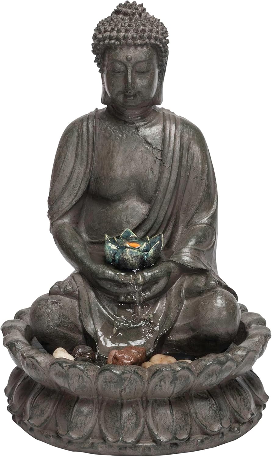 Alpine Corporation GEM178 Indoor Tabletop Meditating Buddha Water Fountain with LED Lights and Lotus Flower, 19", Beige