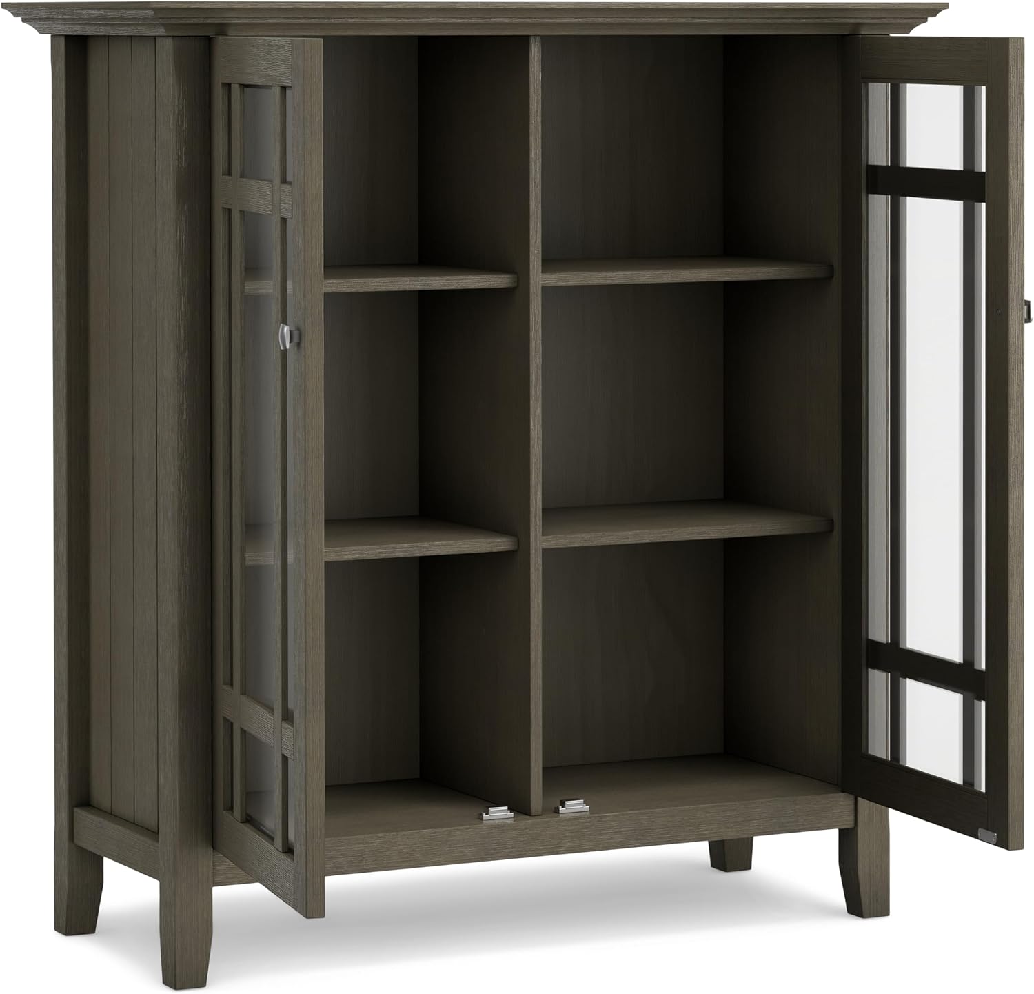 SIMPLIHOME Bedford 62" Wide Solid Wood Sideboard in Brunette Brown | Transitional low media console with glass doors and storage shelves for the living room, entryway or dining room.