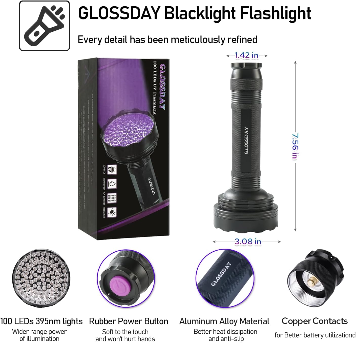 GLOSSDAY Blacklight Flashlight,128 LED UV Flashlights, Upgraded Bright Ultraviolet Flashlight Professional Black Light for Dog/Cat, Hunting Scorpions