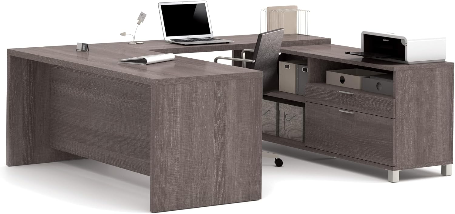 Bestar Pro-Linea 72W U-Shaped Executive Desk in Bark Grey | With Desk Shell, Credenza, Desk Bridge; for home or professional office use; 1 file drawer, 1 box drawer; Wood construction