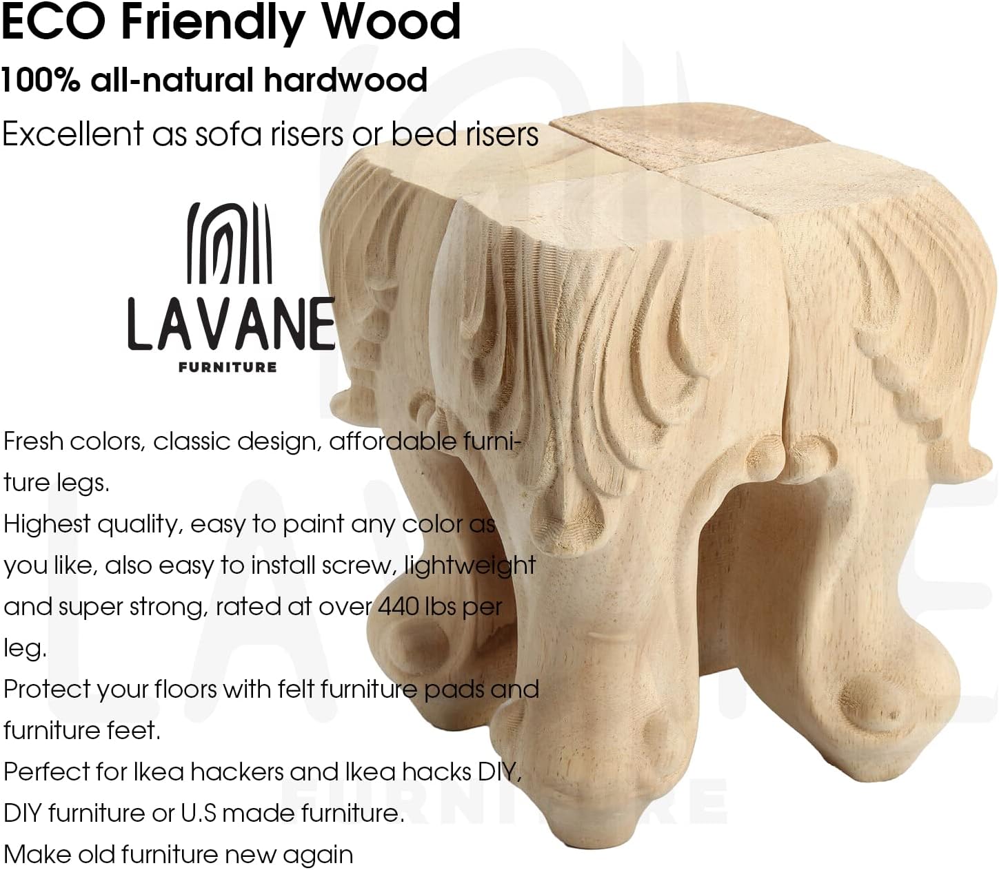 La Vane 6 inch / 15cm Wooden Furniture Legs, Set of 4 European Style Solid Wood Carving Furniture Replacement Feet Decoration for Sofa Cabinet Wardrobe Table Loveseat
