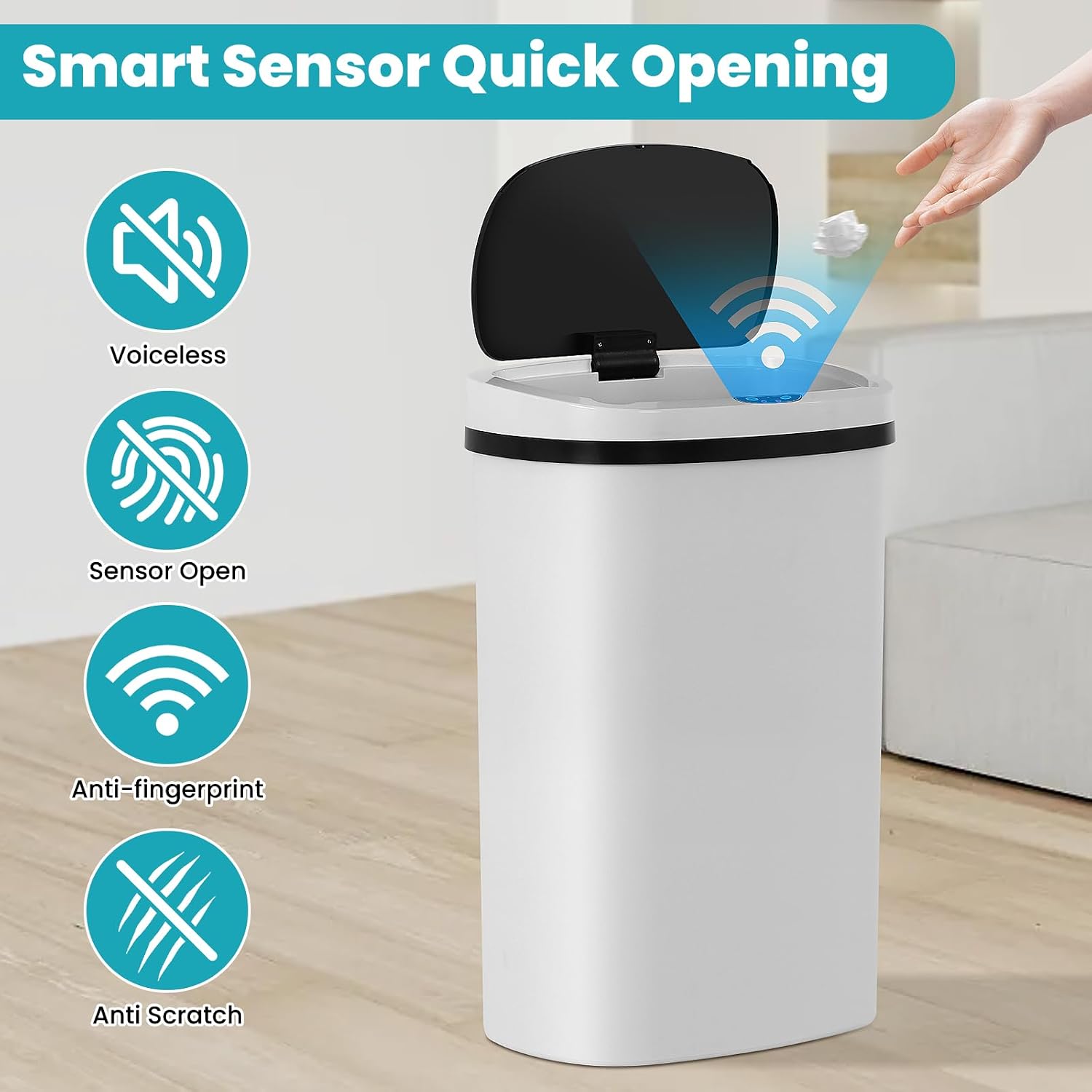 13 Gallon Touch-Free Automatic Stainless-Steel Trash Can Garbage Can Metal Trash Bin with Lid for Kitchen Living Room Office Bathroom, Electronic Motion Sensor Automatic Closure & Opening