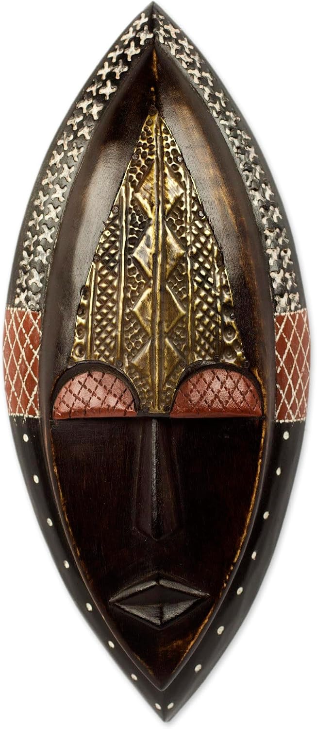 NOVICA Black and Red Wood and Brass African Wall Mask, Peace Be Unto You' (262455)