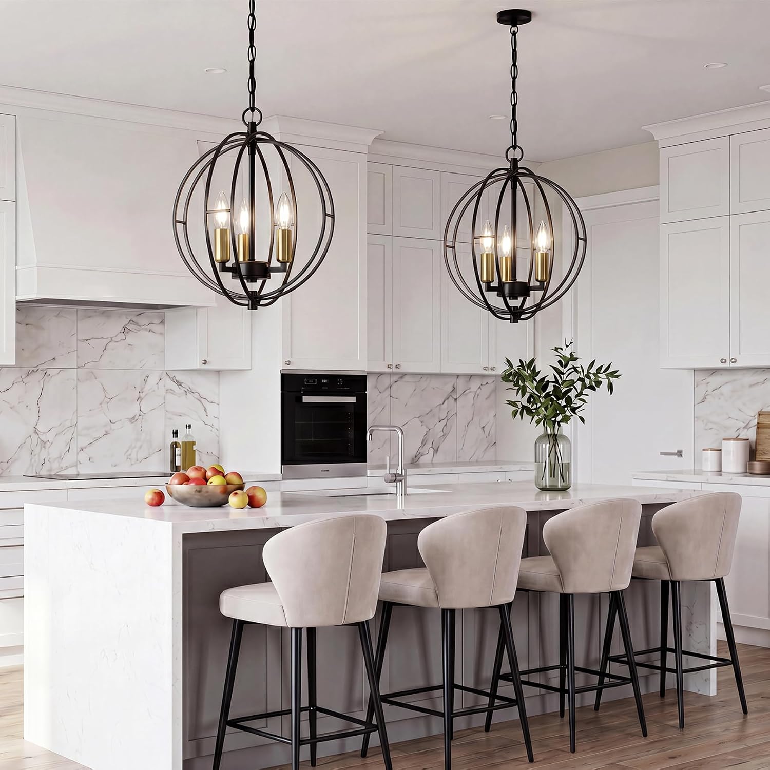 3-Light Farmhouse Chandelier, Black Industrial Metal Globe Pendant Light | Adjustable Hanging Height, for Kitchen Island, Dining Room, Foyer, Entryway