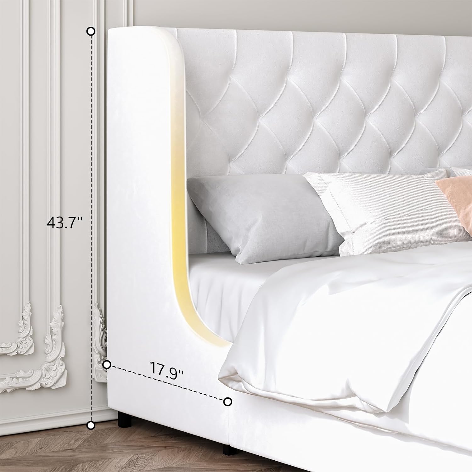 HOMBCK Full Size Bed Frame with Headboard, Upholstered Platform Bed, White | Velvet Tufted Curved Wingback/Wooden Slats Support/No Box Spring Needed/Noise-Free/Easy Assembly