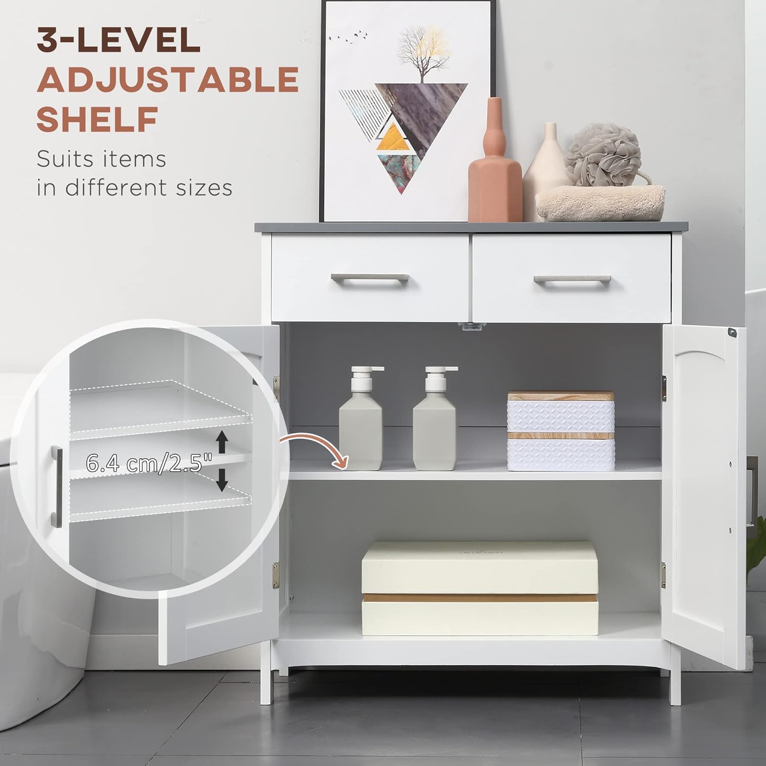 kleankin Bathroom Floor Cabinet Freestanding Linen Cabinet 2 Drawers White | Double Doors, Adjustable Shelf
