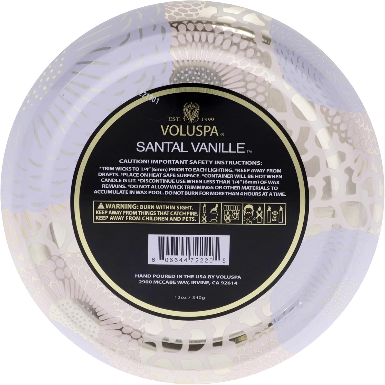Voluspa Santal Vanille, 3 Wick Tin Candle, 12 oz, 40 Hour Burn Time, Coconut Wax for Clean Burning, Handcrafted in the USA