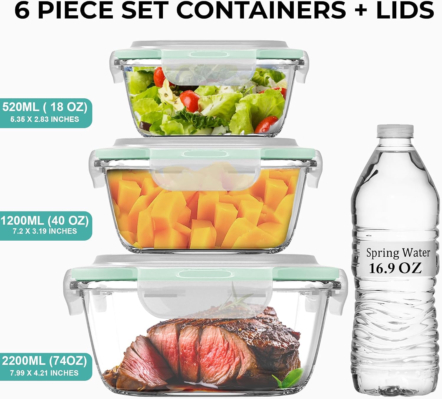 Razab 6 PC Square Glass Food Storage Containers with Airtight lids (74