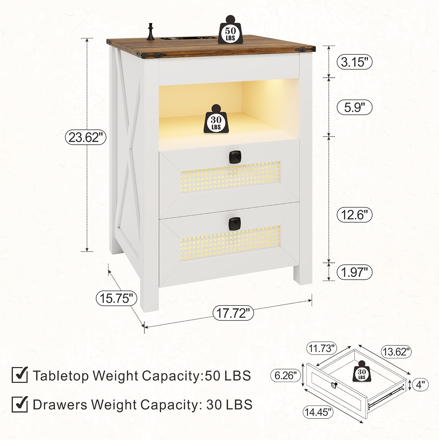 LED Night Stand with Gun Drawer & Charging Station | Human Sensor Lights, Hidden Storage, Farmhouse Rattan Style, 3 Drawers, Bedside Table for Bedroom, End Tables Livingroom