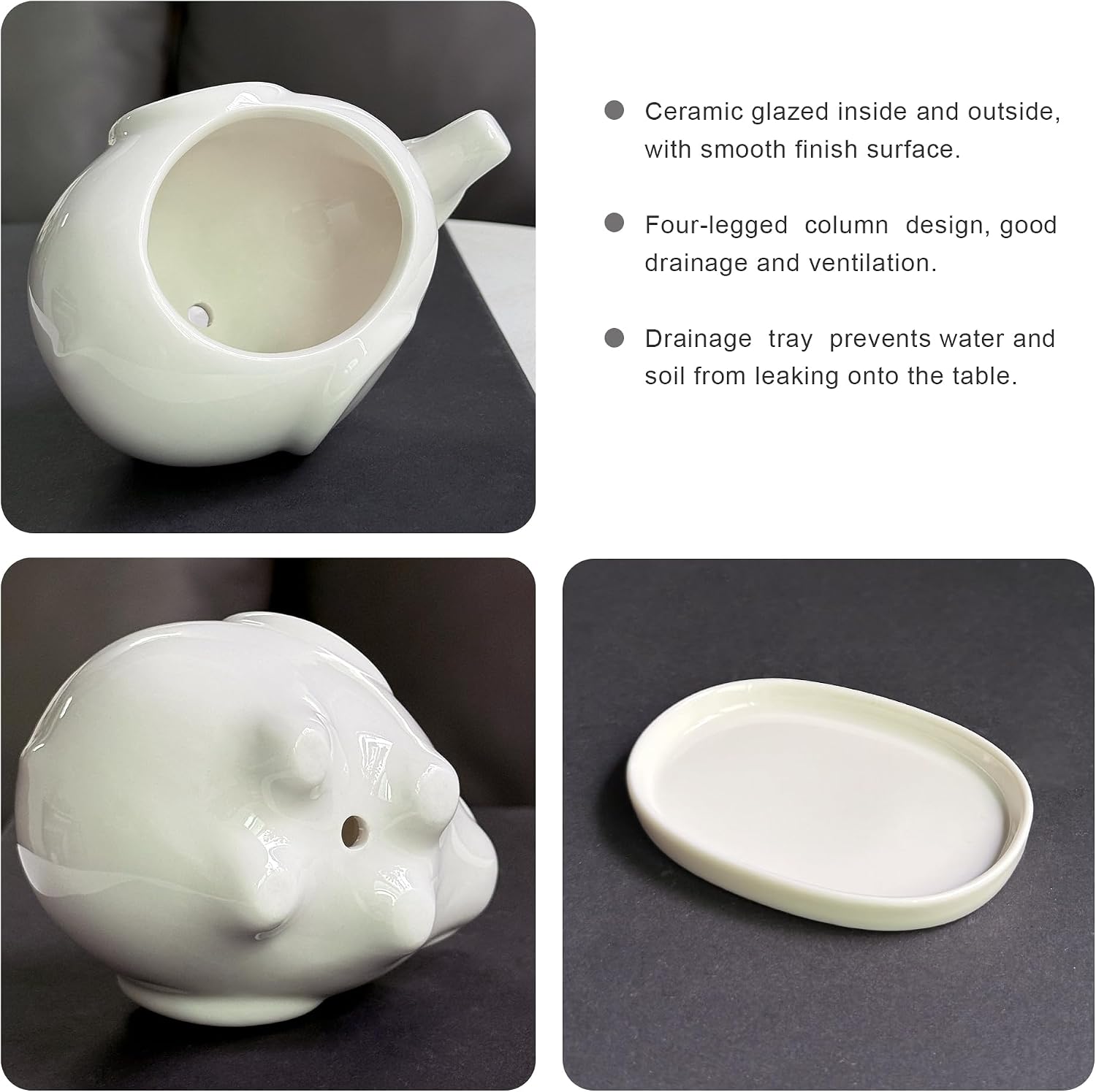GeLive White Cow Succulent Pot, Small Ceramic Animal Planter with Drainage Hole & Saucer for Cactus, Mini Air Plants, Pencil Holder Brush Organizer, Indoor Home Office Desk Decor, Funny Gift
