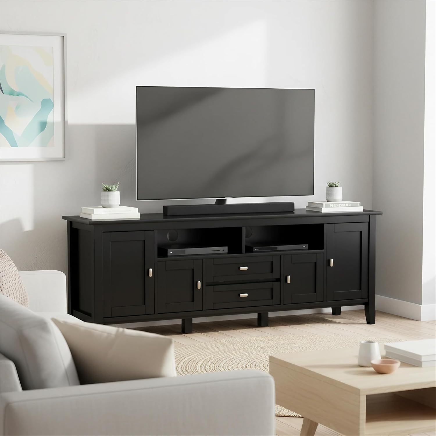 SIMPLIHOME Warm Shaker 47" Wide Solid Wood TV Stand in Light Golden Brown