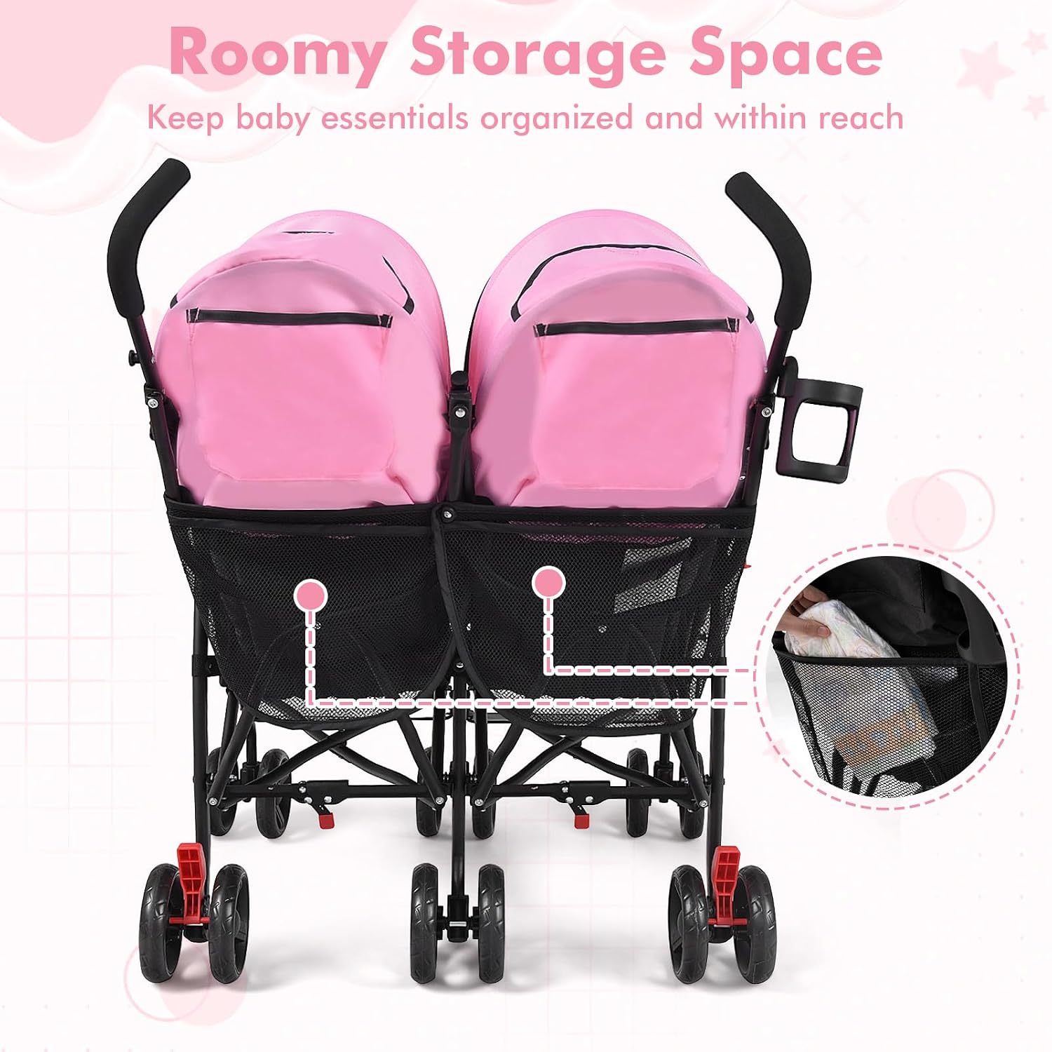 BABY JOY Double Umbrella Stroller, Lightweight Travel Side by Side Twin Stroller with Large Storage, Cup Holder, 5-Point Safety Harness, Adjustable Canopy & Compact Fold for Infant and Toddler (Black)