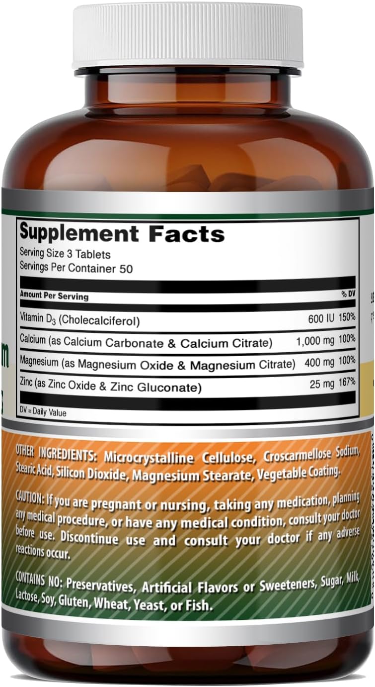 Amazing Formulas Calcium Magnesium Zinc D3-300 Tablets Per Bottle Supplement (Calcium 1000mg - Magnesium 400mg - Zinc 25mg Plus Vitamin D3 600 IU - Per Serving of 3 Tablets)