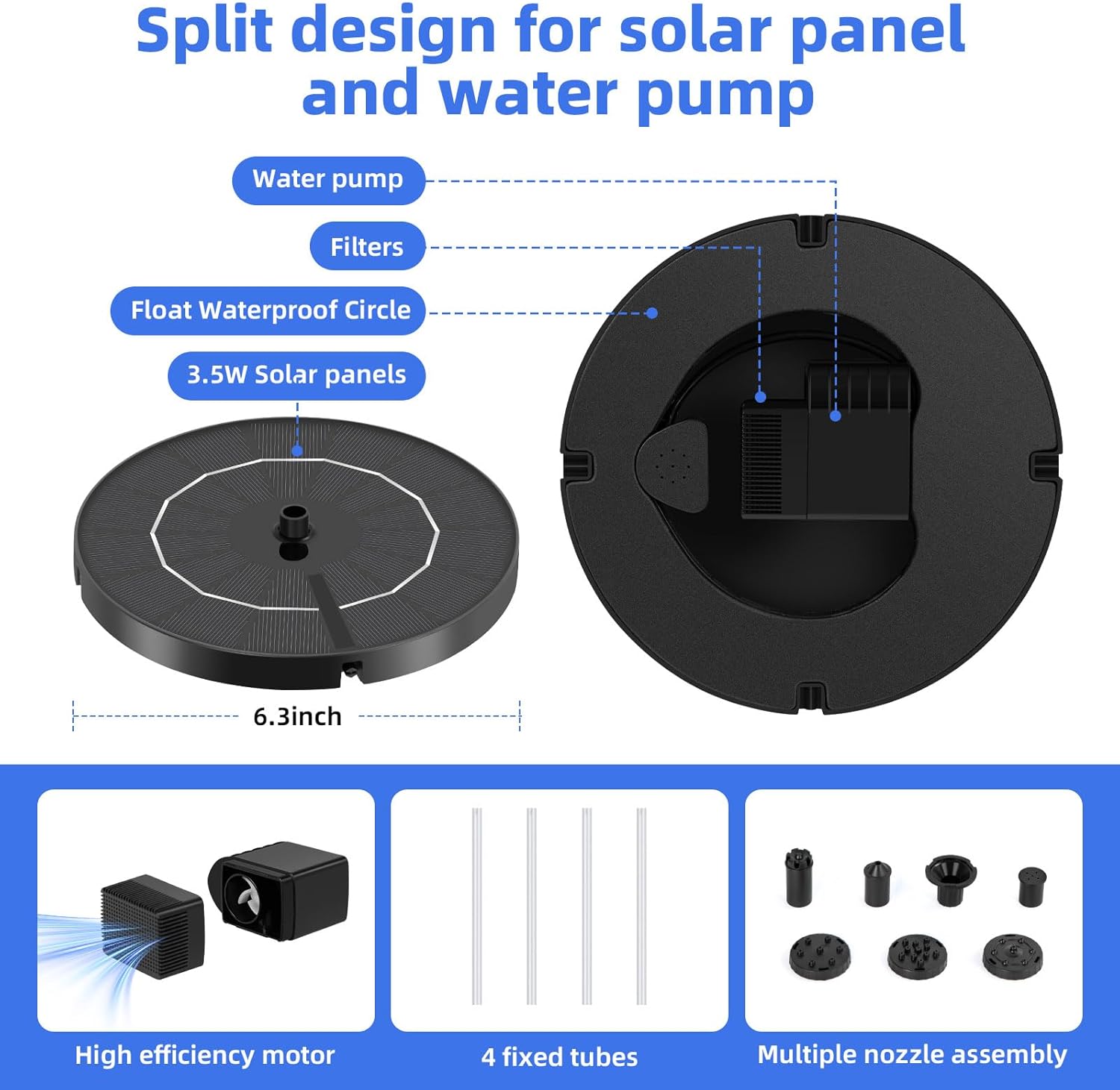 Solar Fountain for Bird Bath, Solar Water Fountain with Multiple Nozzles & Fixed Pipes, Upgraded Version 3.5W Solar Water Pump, Suitable for Bird Bath